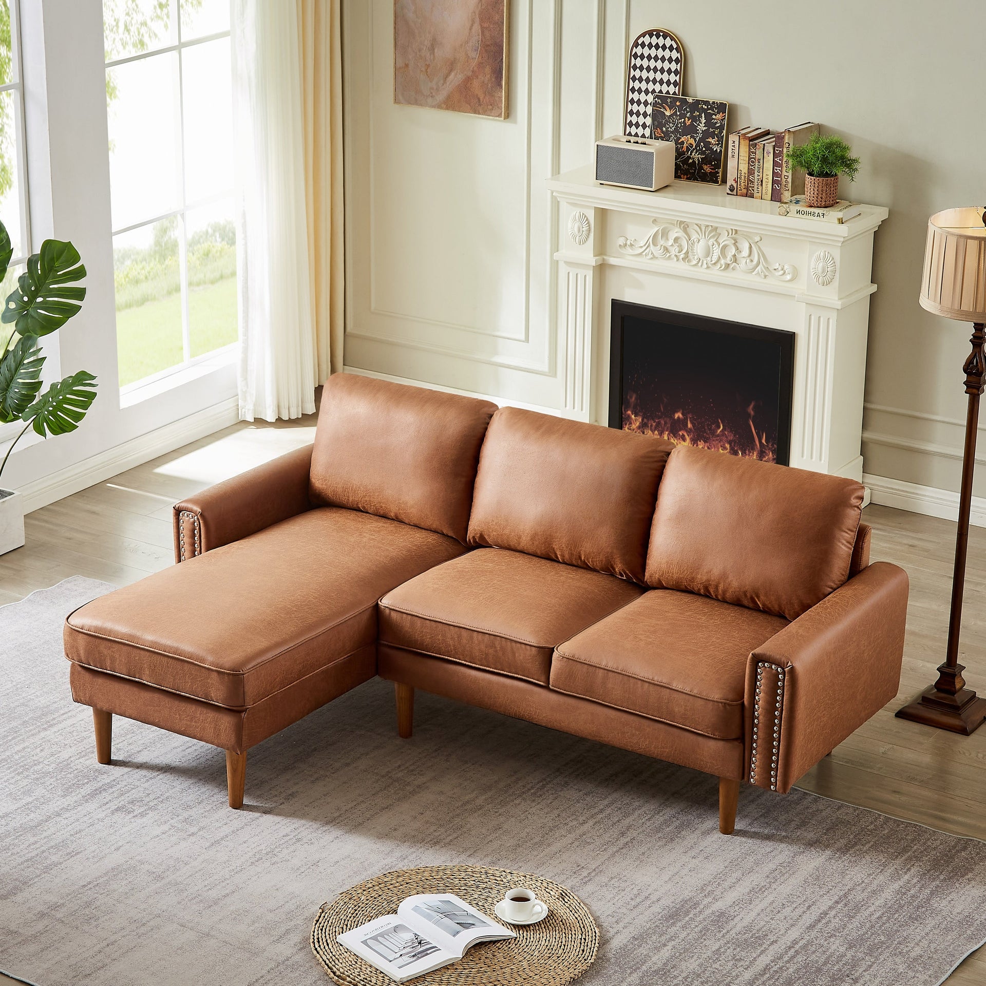 Brown 82.2'' PU Leather L Shape 3 Seater Sofa Couch with Left Chaise and Nailheads, Copper Nail Accents, Strong Wooden Legs