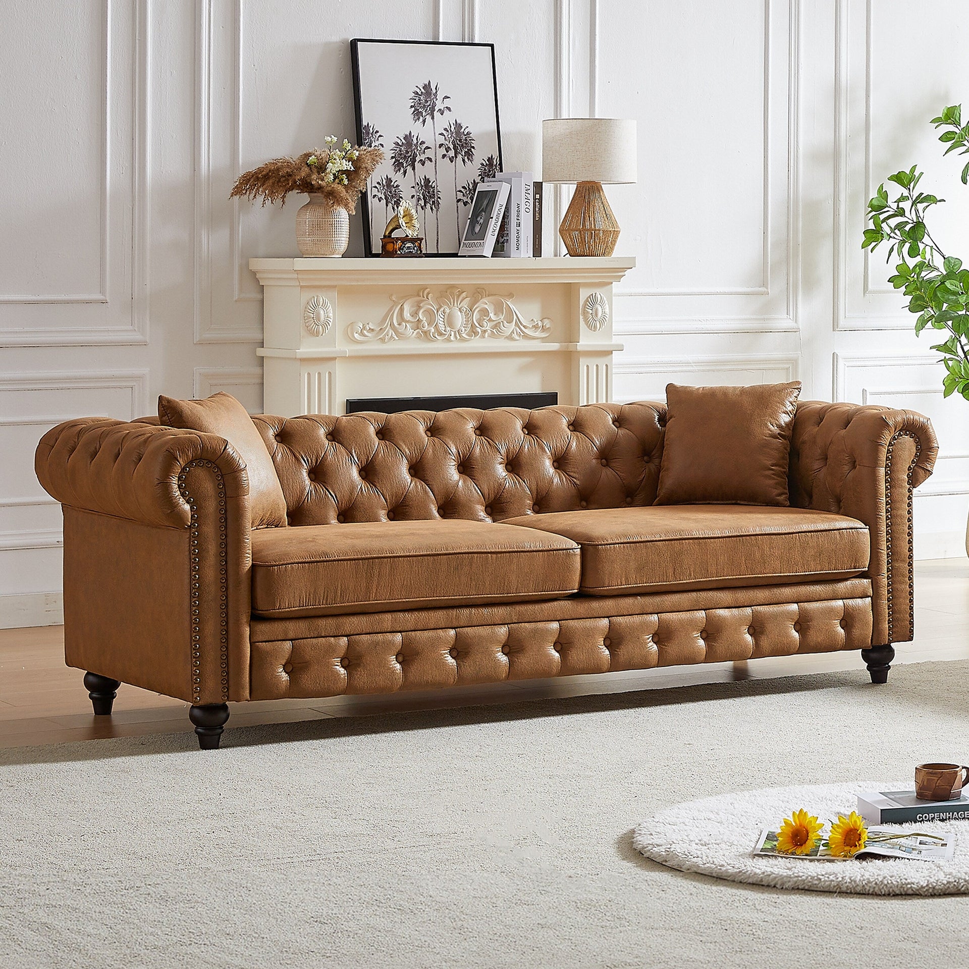 Brown 85.5 Tech Fabric 3-seater Rolled Arms Chesterfield Button Sofa with 2 Cushions for Living Room