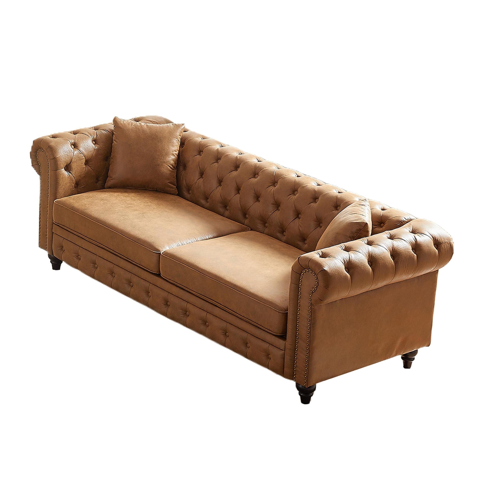 Brown 85.5 Tech Fabric 3-seater Rolled Arms Chesterfield Button Sofa with 2 Cushions for Living Room