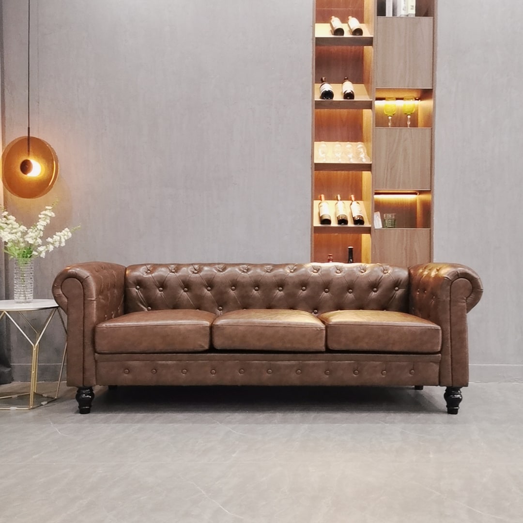 Button Tufted 3-seat Sofa Chesterfield Loveseat Leather Sofa for Living Room, Rolled Arms Couch with 4 Gourd Shaped Legs, Brown