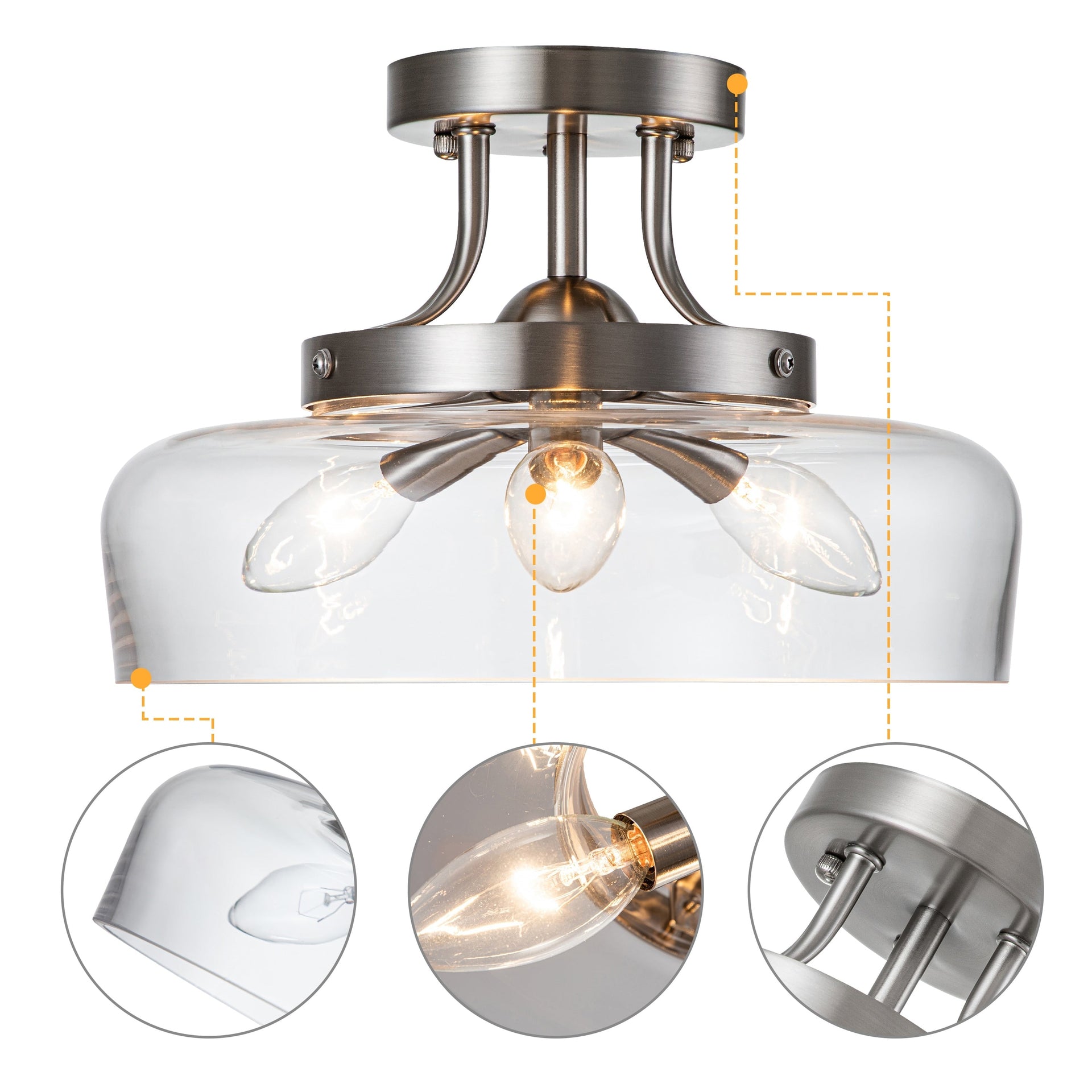C Cattleya 3-Light Satin Nickel Semi Flush Mount Ceiling Light with Glass Shade