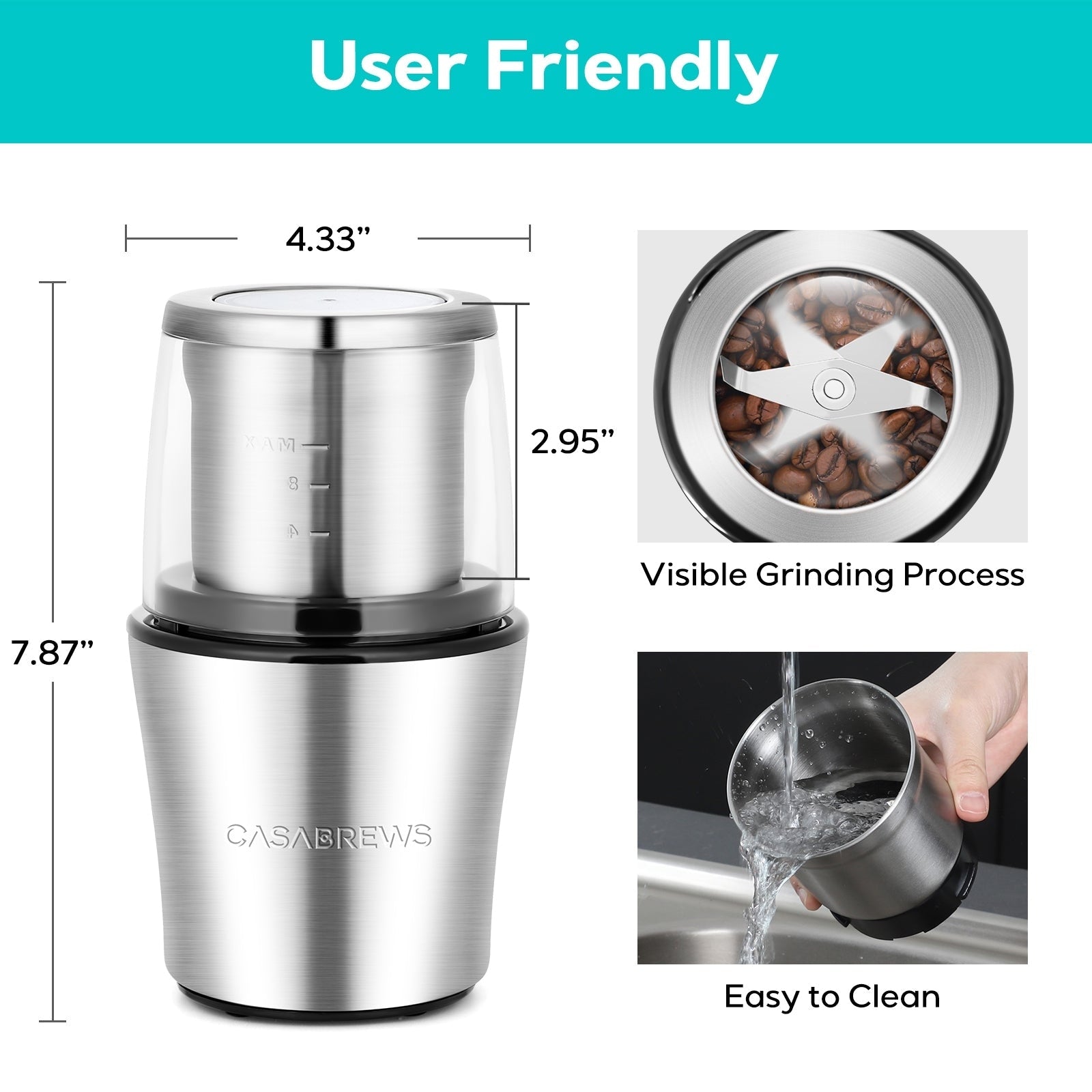 CASABREWS KWG130 Electric Coffee Grinder One Touch Operation, Silver - N/A