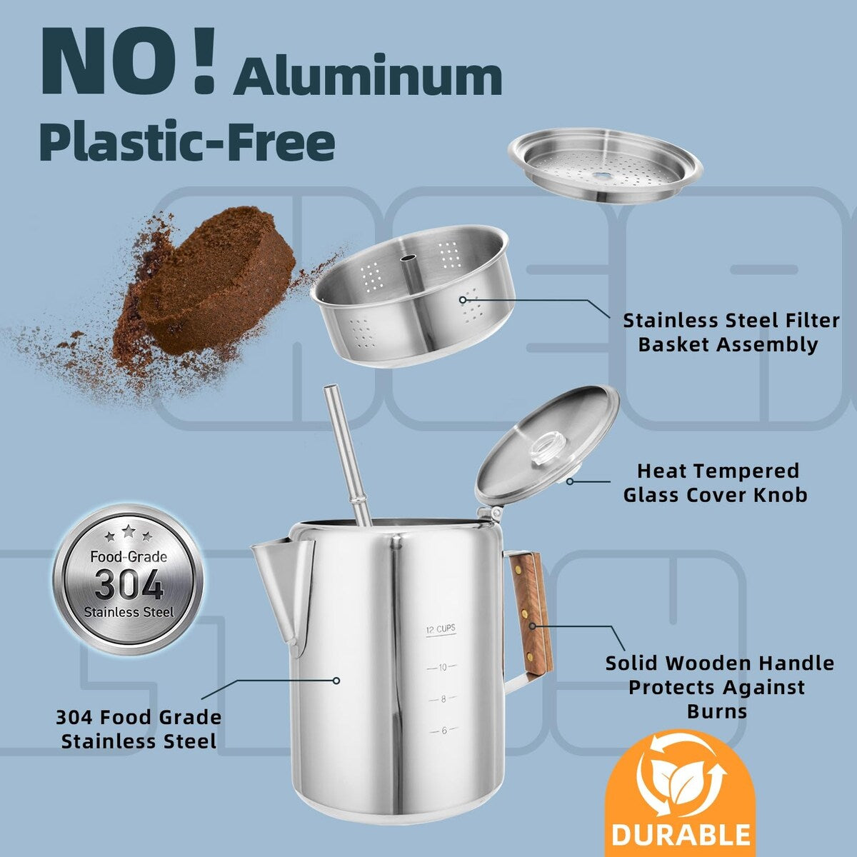 Camping Percolator Coffee Pot 12 Cup Stove Top Coffee Percolator Non Electric Coffee Maker Camping Stainless Steel Coffee