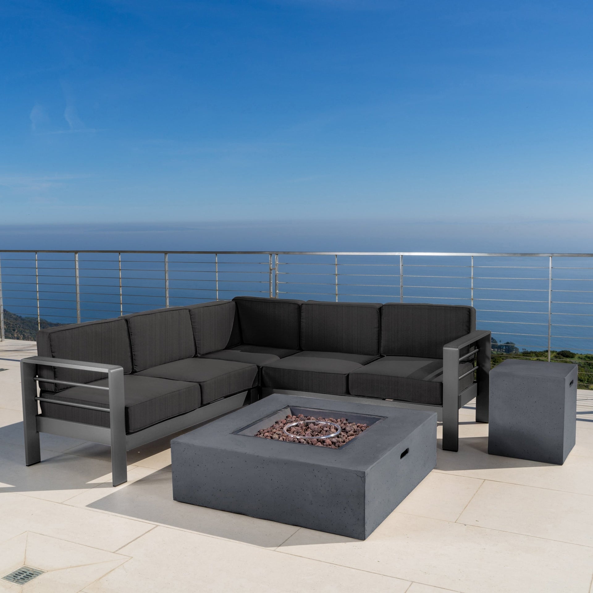 Cape Coral Aluminum Outdoor Sectional Sofa Set with Fire Table by Christopher Knight Home