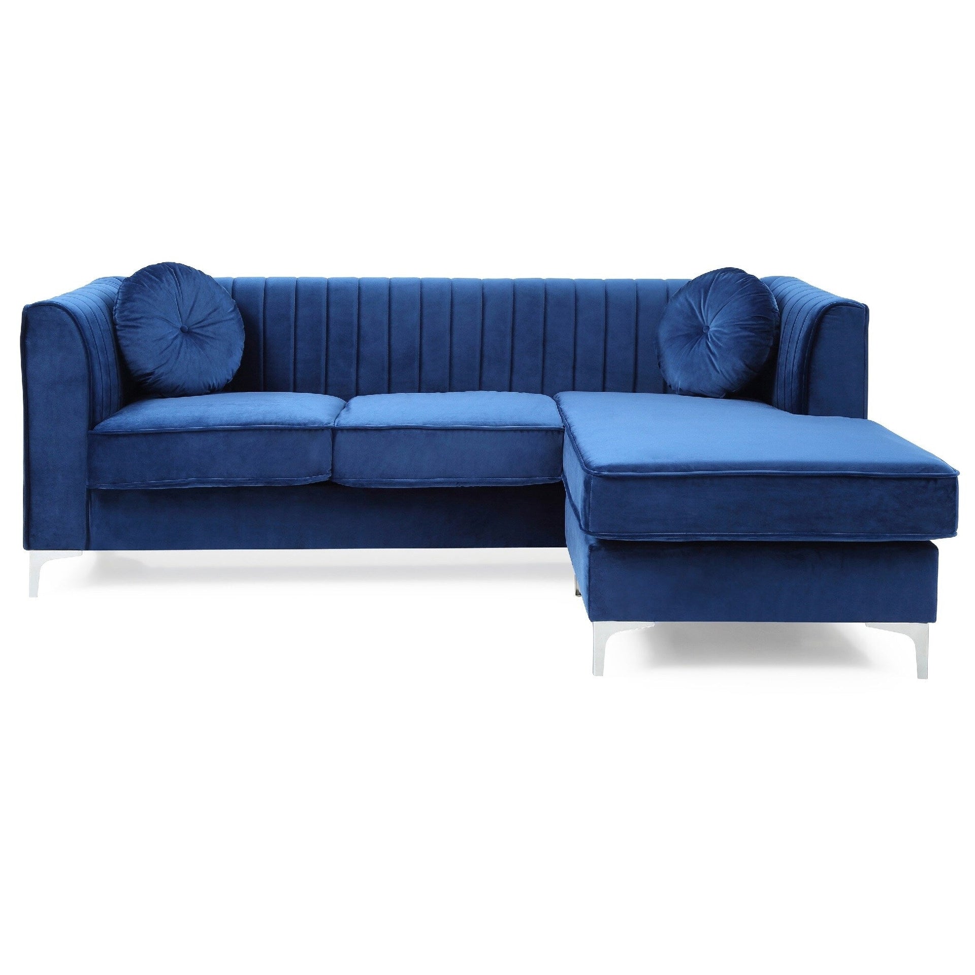 Channel Tufted Velvet L Shape Sectional Sofa with Throw Pillows - 87 - Blue