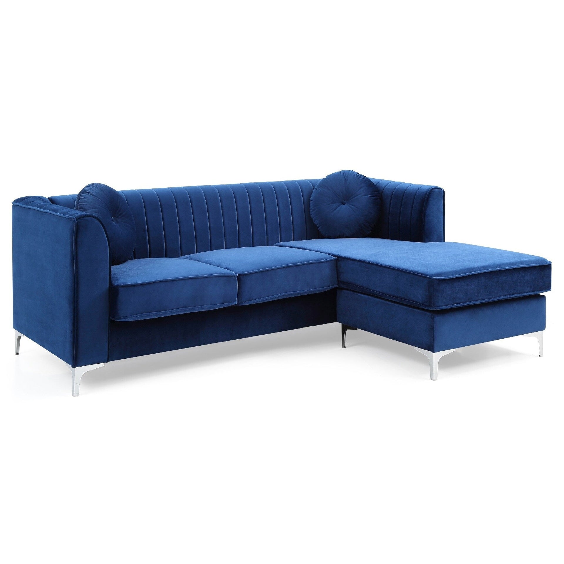 Channel Tufted Velvet L Shape Sectional Sofa with Throw Pillows - 87 - Blue