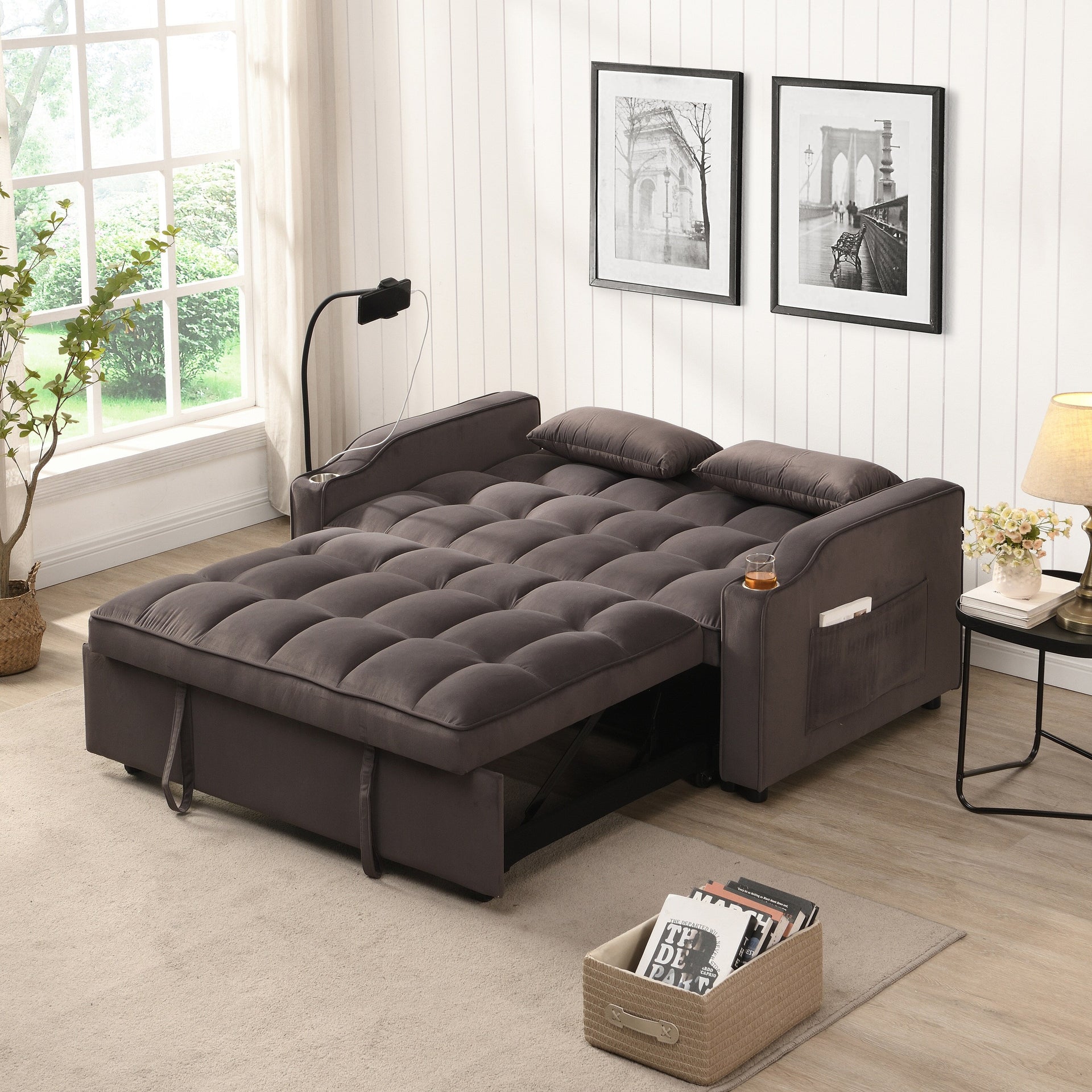 Charcoal Grey Velvet Sofa Bed with Trundle Full Size Convertible Adjustable Back USB Charging Easy Assembly
