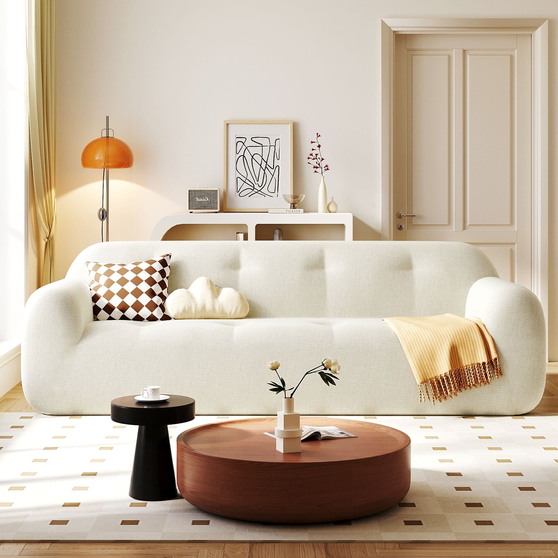 Chenille Fabric 3-Seater Sofa with Tufted Style and Full Sponge Compression Design
