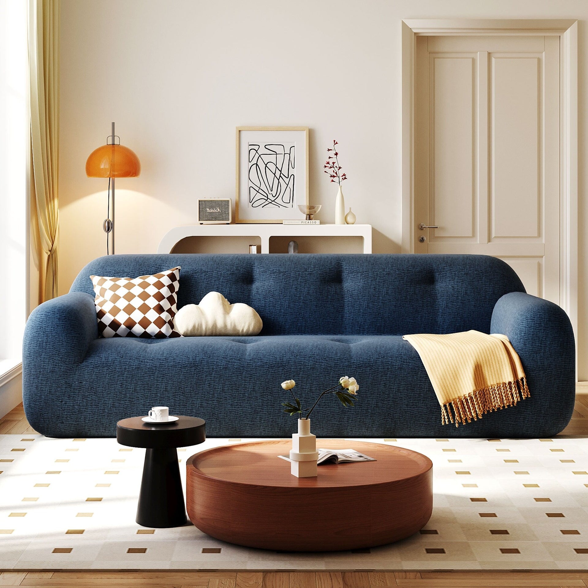 Chenille Fabric 3-Seater Sofa with Tufted Style and Full Sponge Compression Design