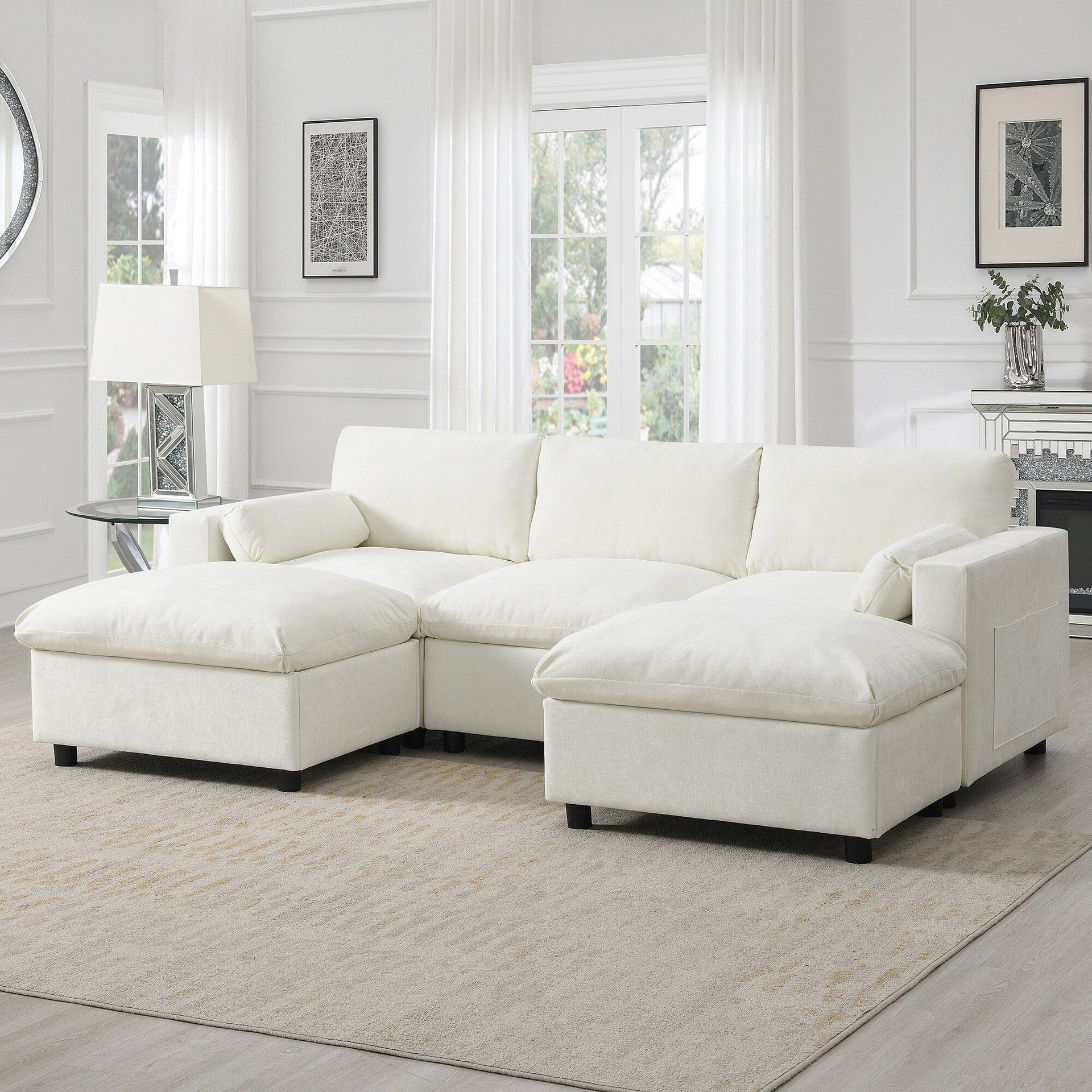 Chenille Modular Sectional Sofa With Storage Pockets, 5 Seat U Shaped Couch Set With Pillows,Cloud Sofa With 2 Movable Ottoman
