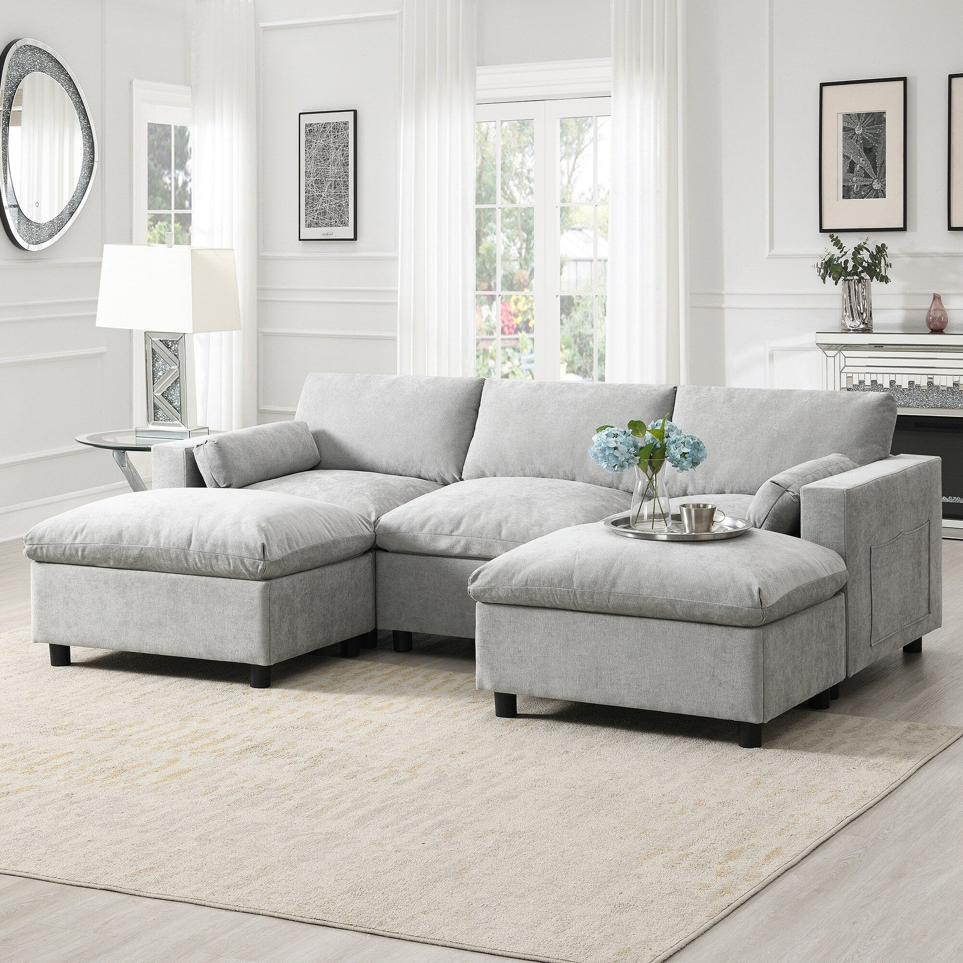 Chenille Modular Sectional Sofa With Storage Pockets, 5 Seat U Shaped Couch Set With Pillows,Cloud Sofa With 2 Movable Ottoman