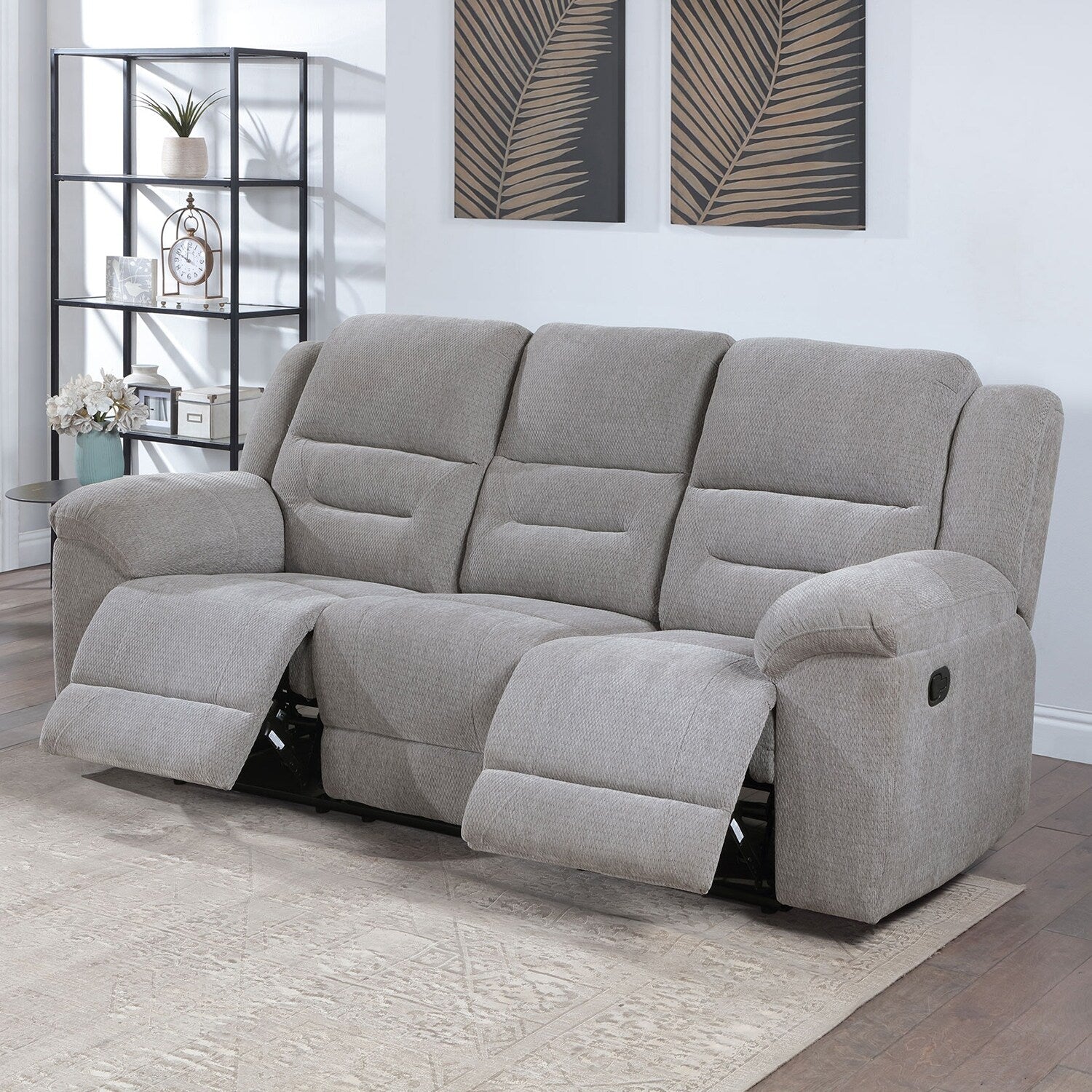 Chenille Upholstered Manual Reclining Sofa with Pillow-top Arm in Grey