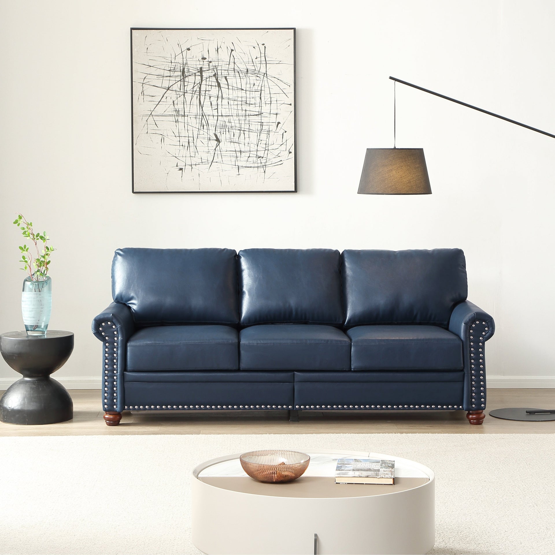 Classic Living Room Round Arm with Silver Nails Sofa Navy Blue Faux Leather