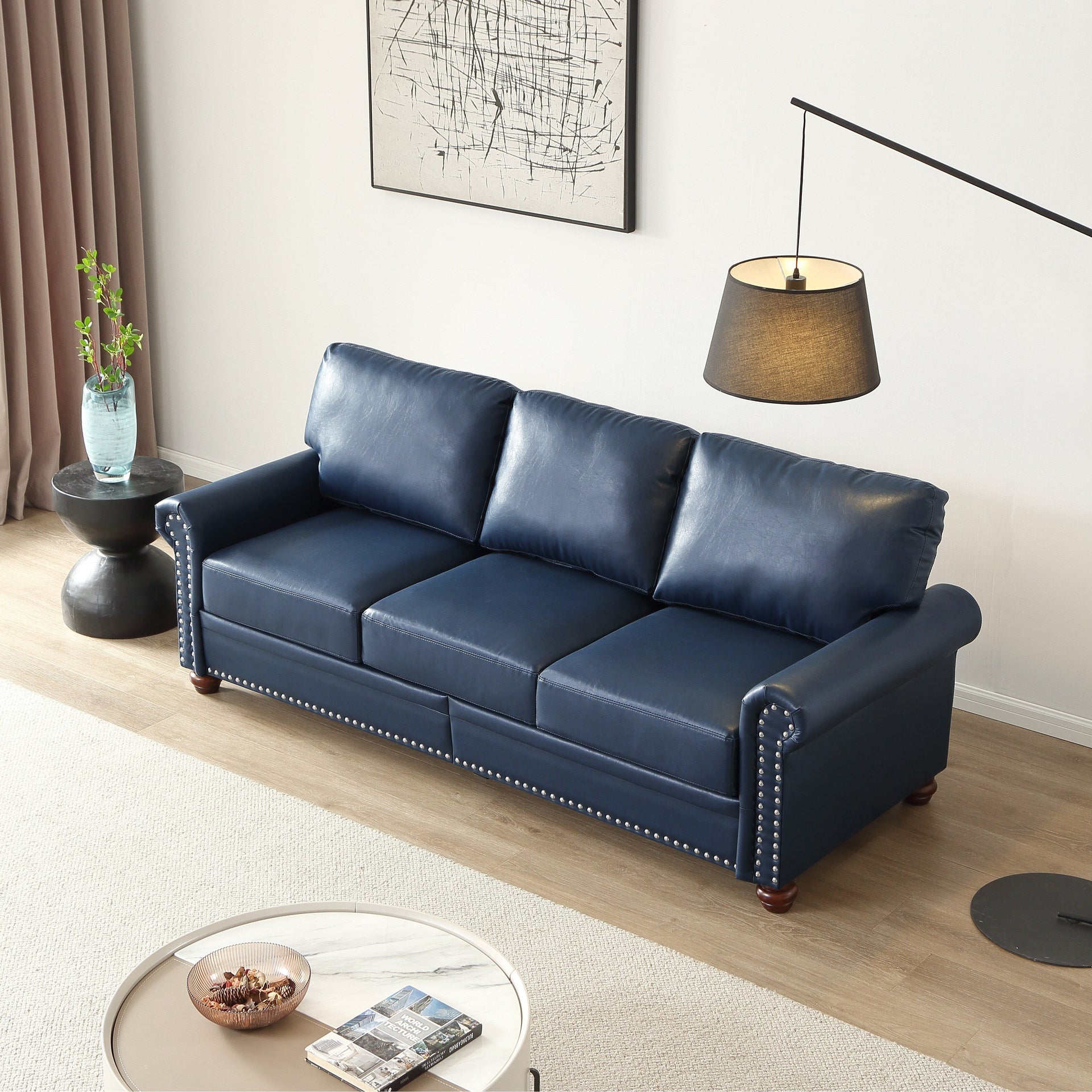 Classic Living Room Round Arm with Silver Nails Sofa Navy Blue Faux Leather