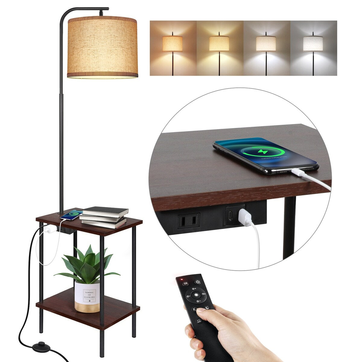 62 inch Floor Lamp with Square Magazine Table - walnut