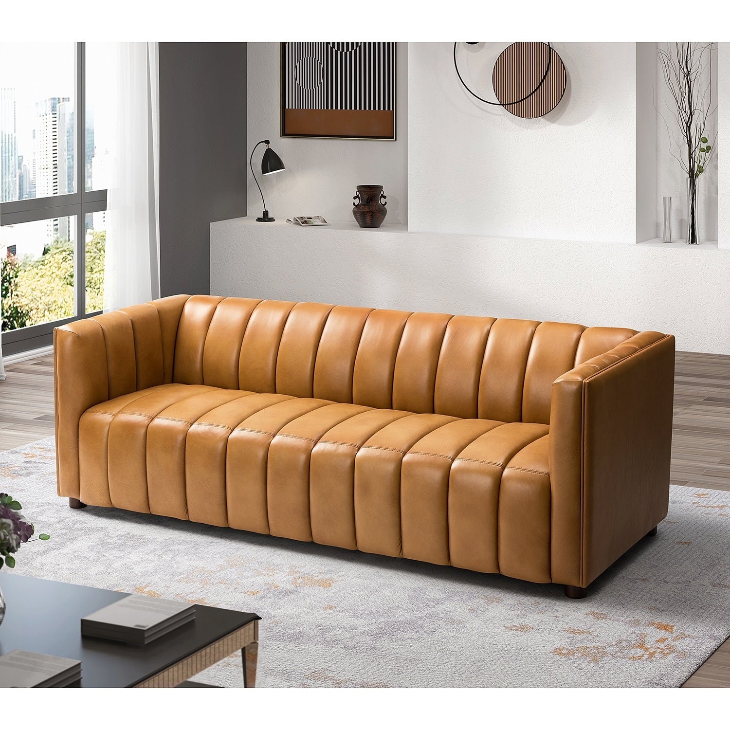 Olinto Modern 83-Inch Genuine Leather Curved Couch Sofa with Channel Back by HULALA HOME