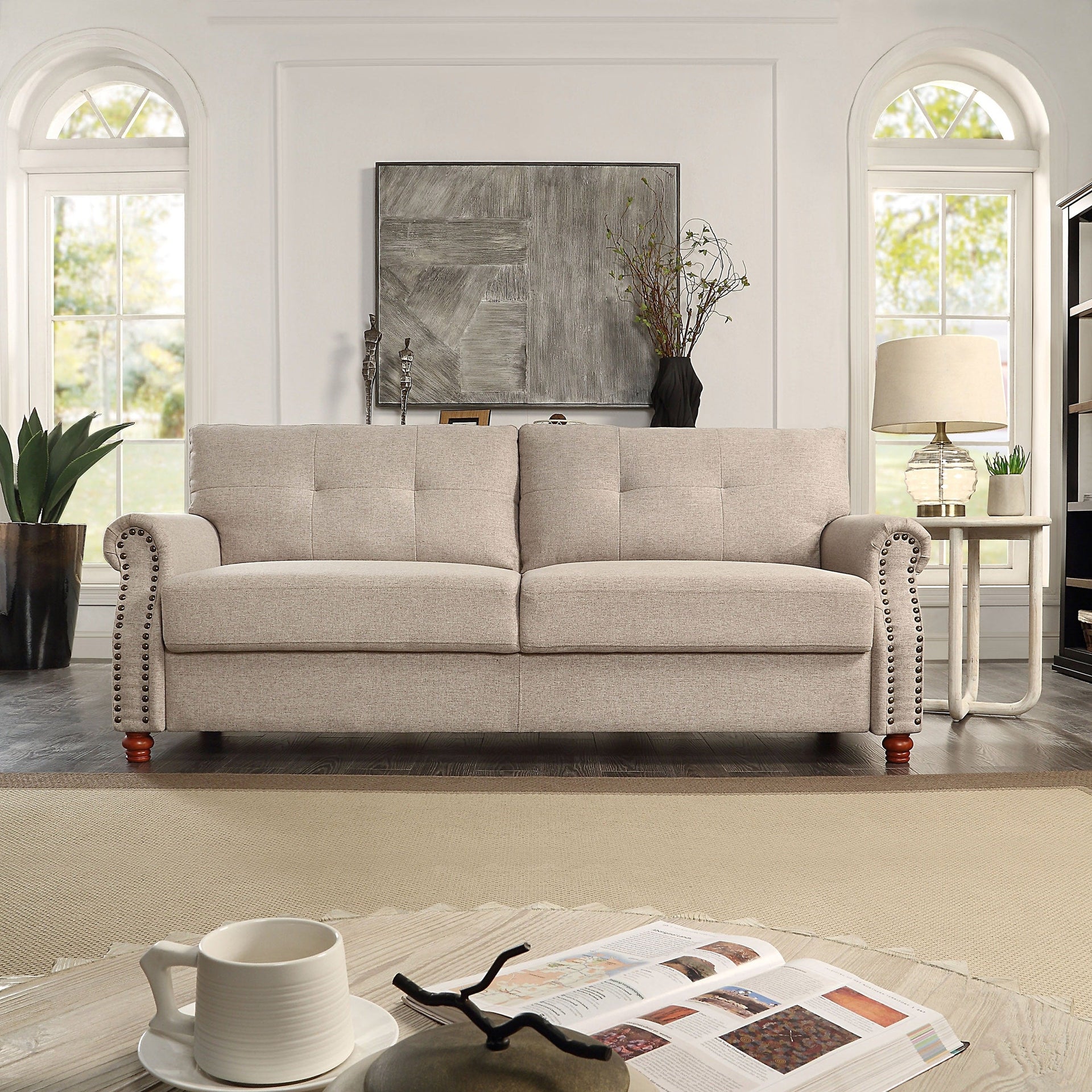 Beige Linen Fabric Upholstery Sofa with Storage - 32.28 x 79.53 x 33.47