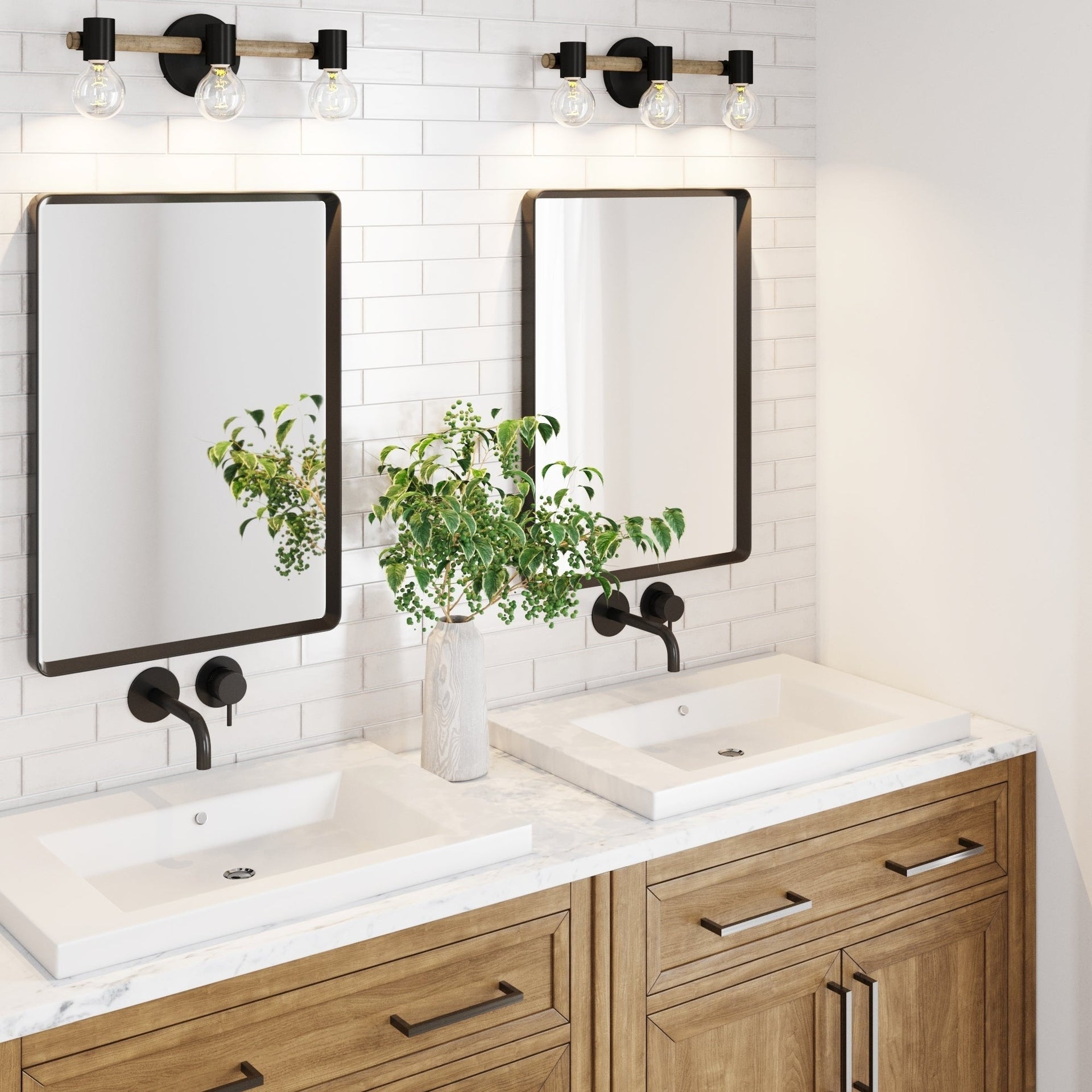 Nathan James Henry 3-Lights Farmhouse Bathroom Vanity Light in Brushed Wood and Black Metal for Bathroom and Vanity
