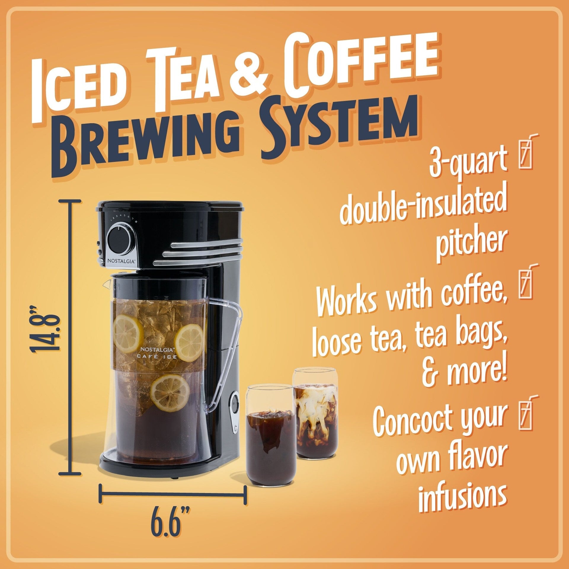 Nostalgia Ice Tea & Coffee Maker with Plastic Pitcher, Black