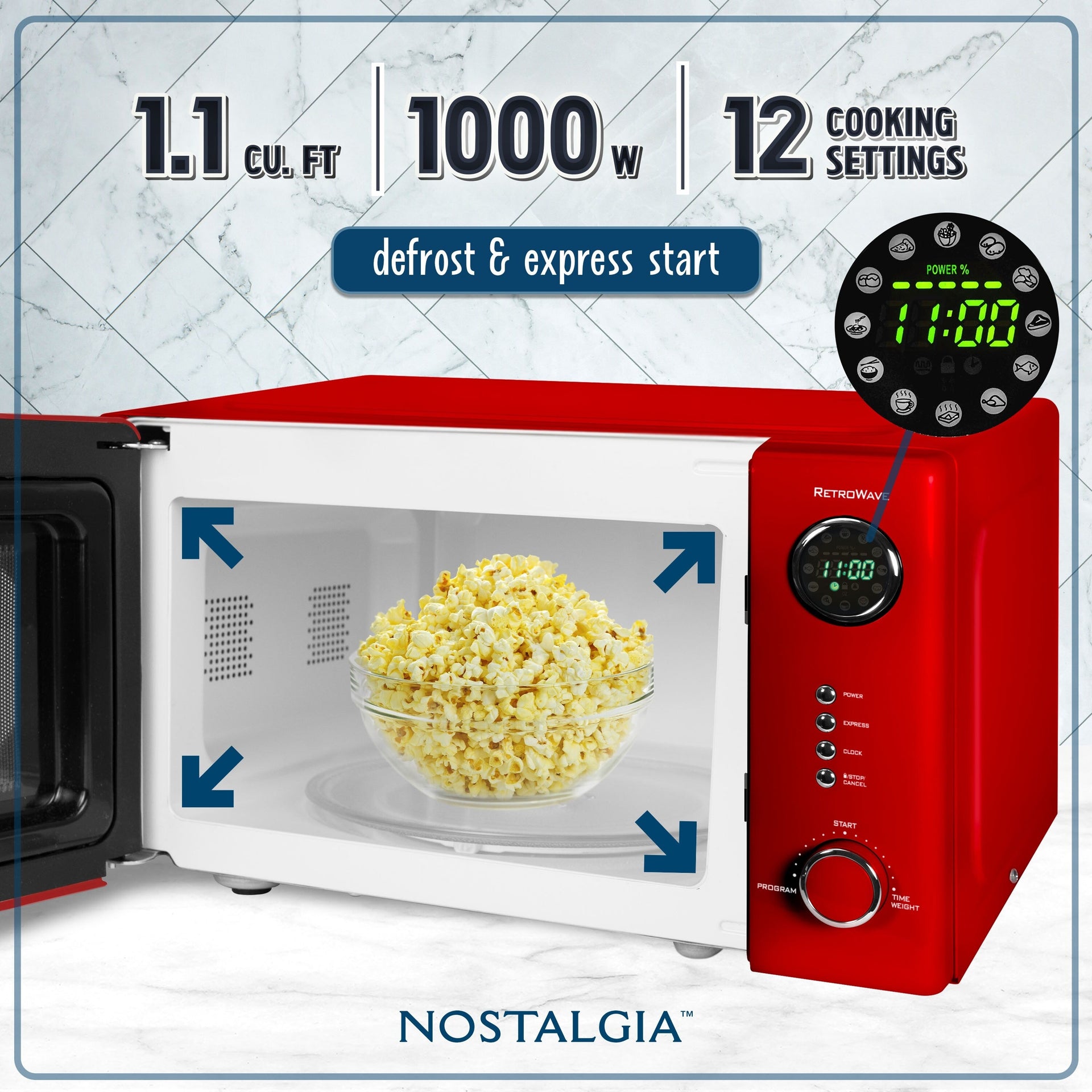 Nostalgia Retro Countertop Microwave 1.1 Cu Ft & 1000 Watt