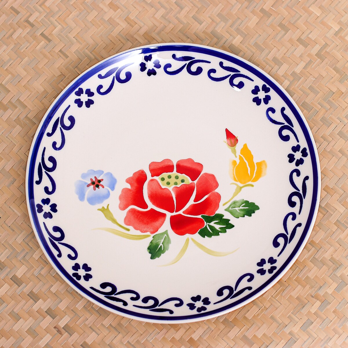 Novica Handmade Poppy Garden In Blue Ceramic Dinner Plate