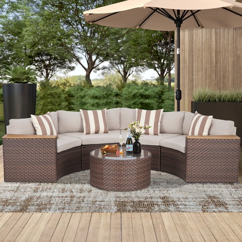Nuon Outdoor Patio Furniture 5-piece Rattan Wicker Half-Moon Half Round Curved Sofa Sectional Set by Havenside Home