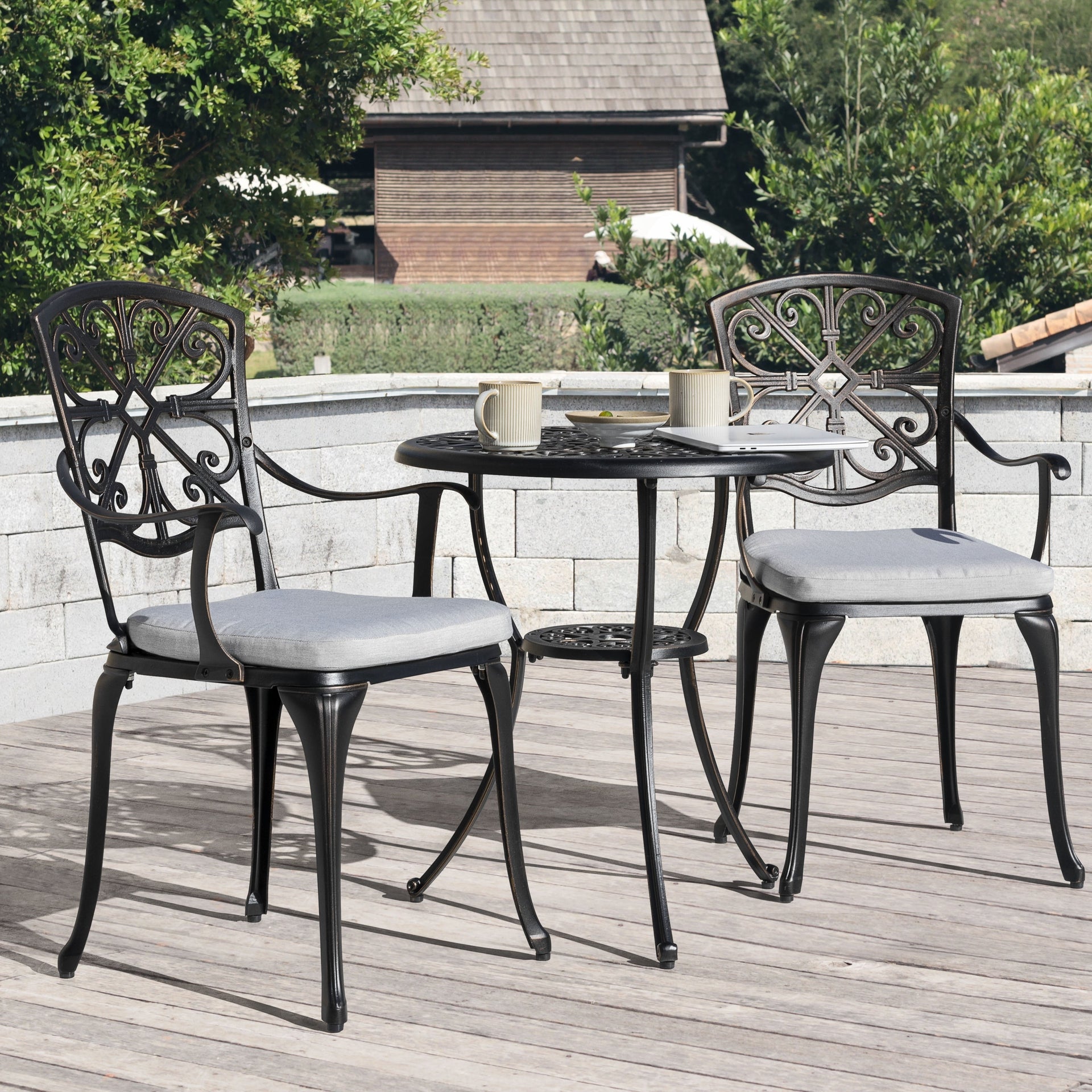 Outdoor 3-Piece Cast Aluminum Patio Set with Cushions and Umbrella Hole