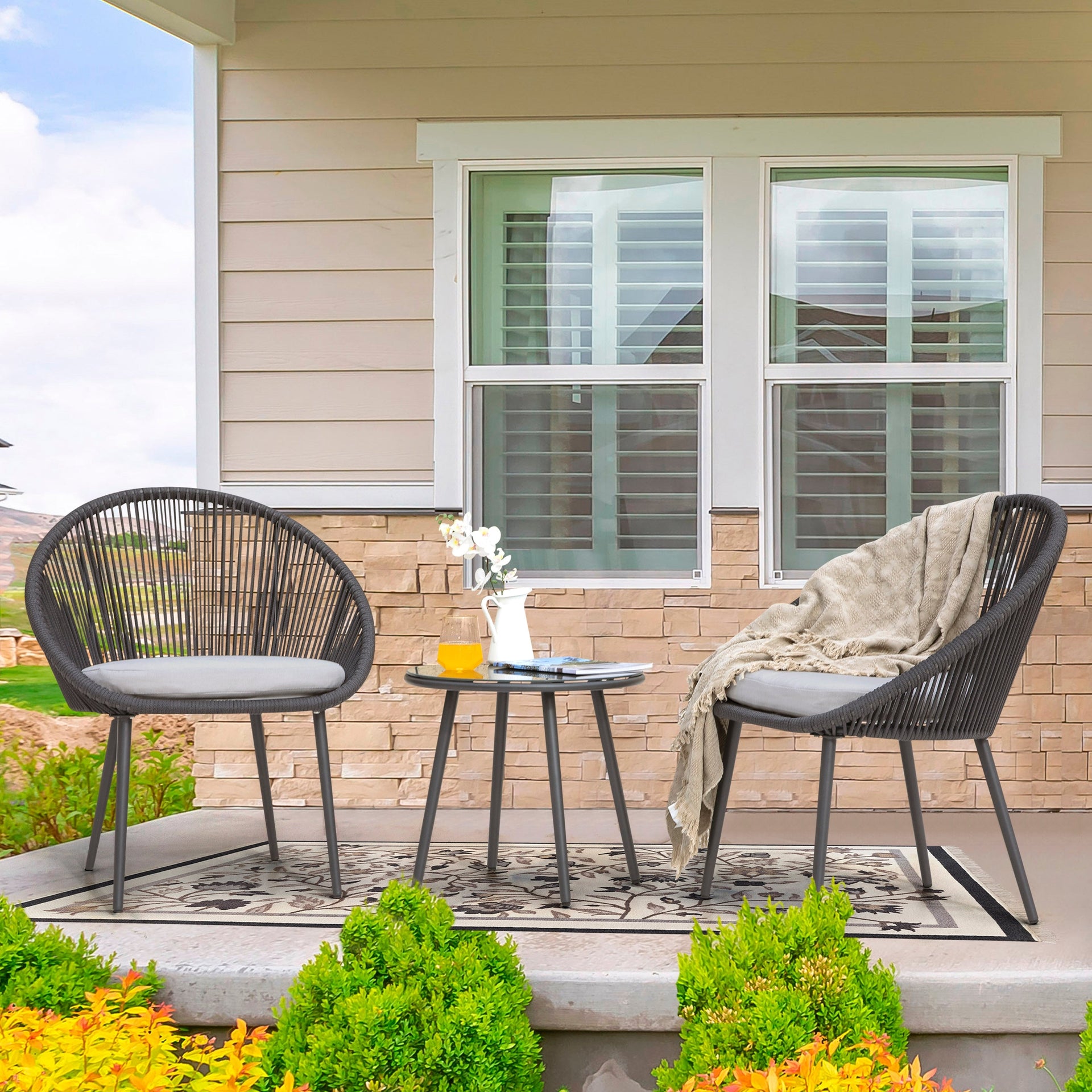 Outdoor 3 Pieces Patio Woven Rope Bistro Set with Cushions, Dark Gray