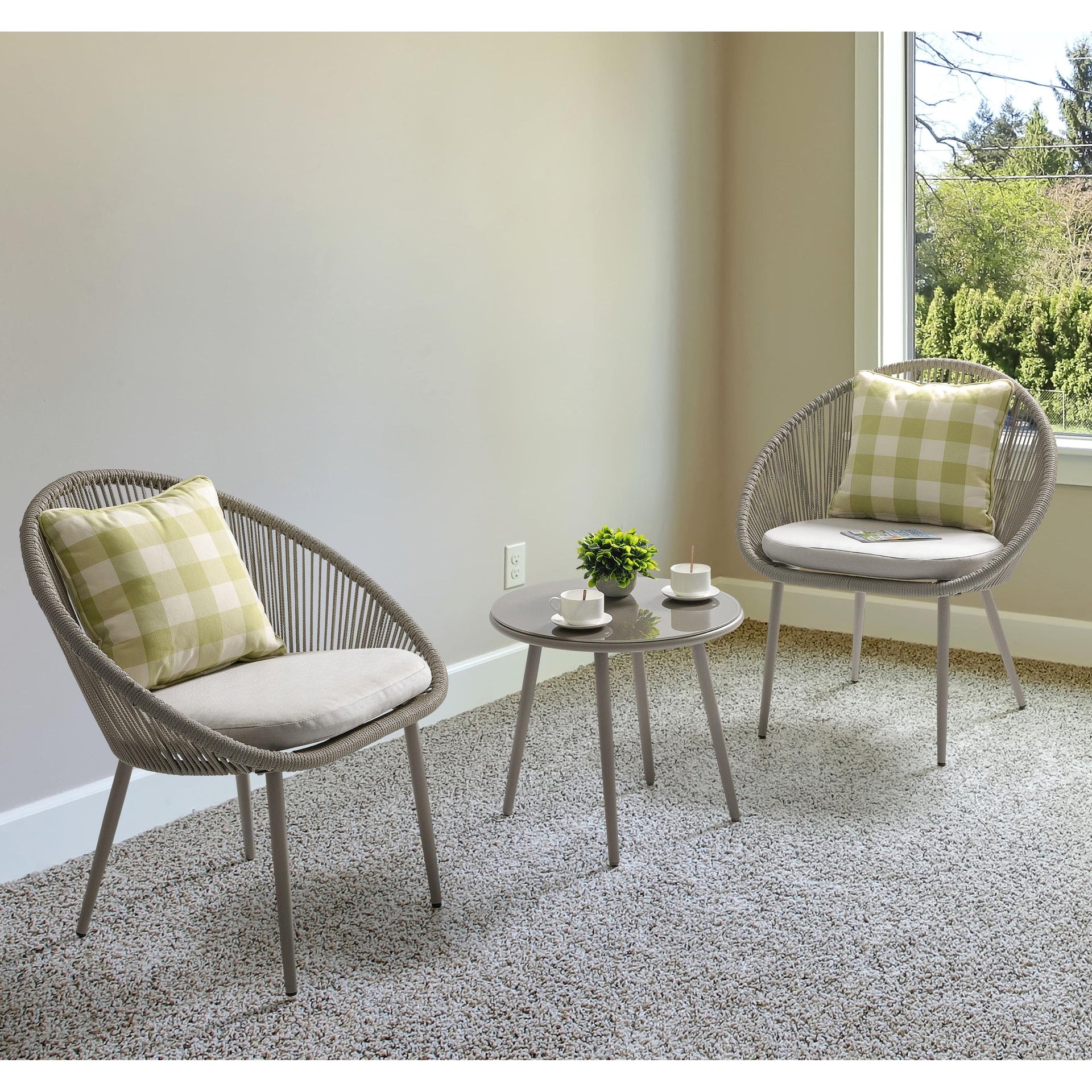 Outdoor 3 Pieces Patio Woven Rope Bistro Set with Cushions, Dark Gray