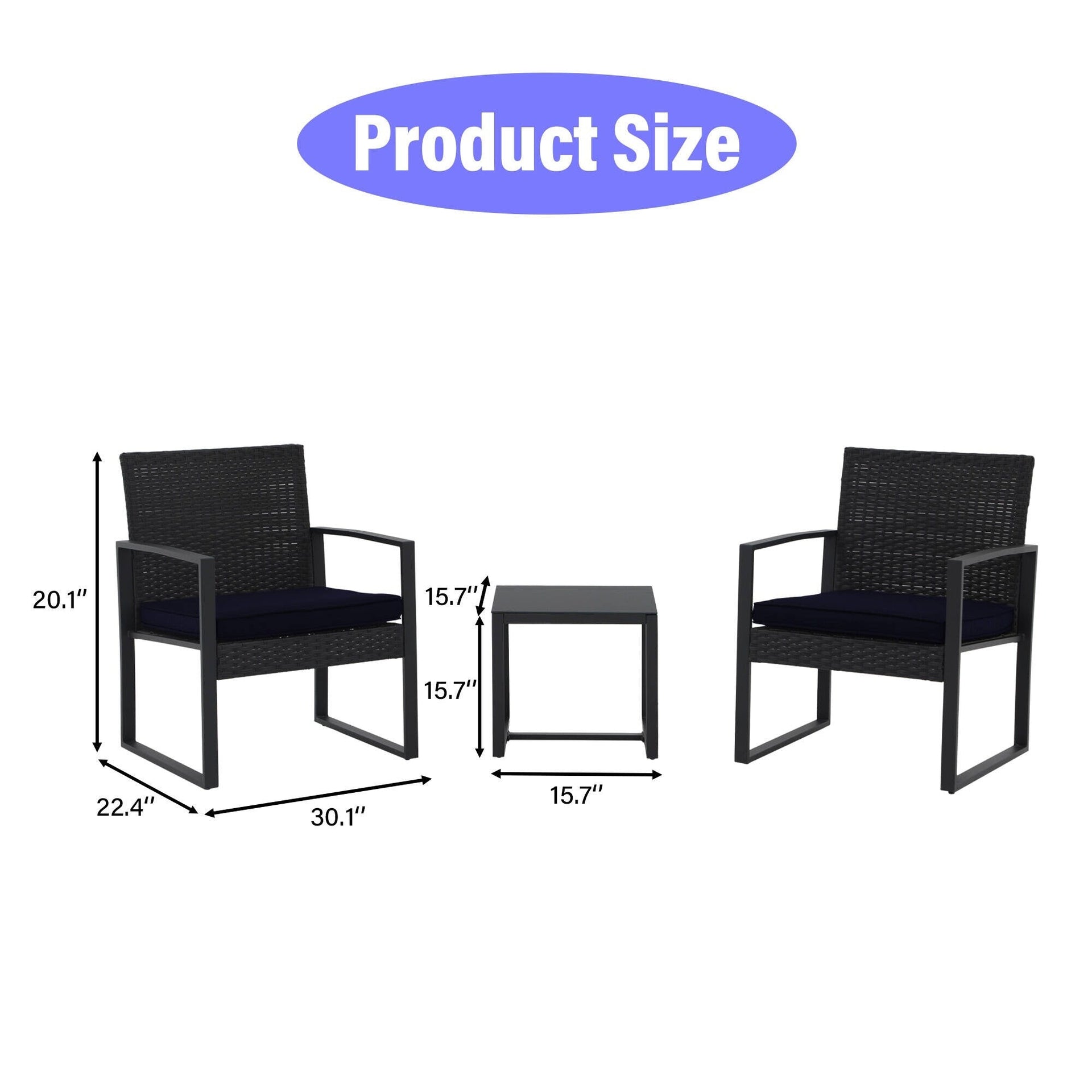 Outdoor 3 Pieces Wicker Chat Set with Cushions - N/A