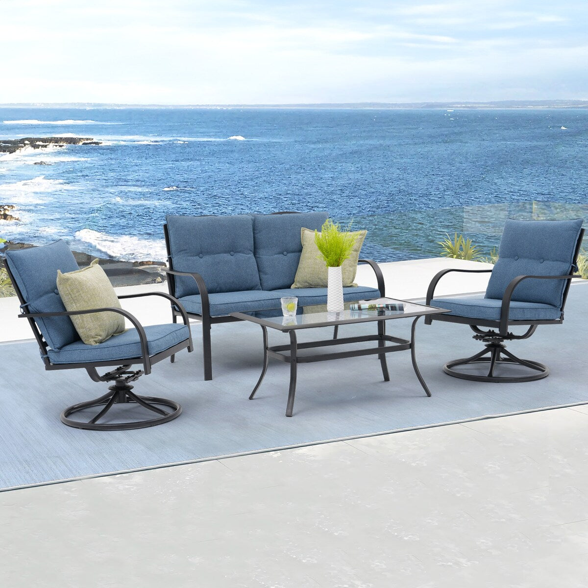 Outdoor 4 Person Seating Group Patio Swivel chair with Cushions Tempered Glass Table