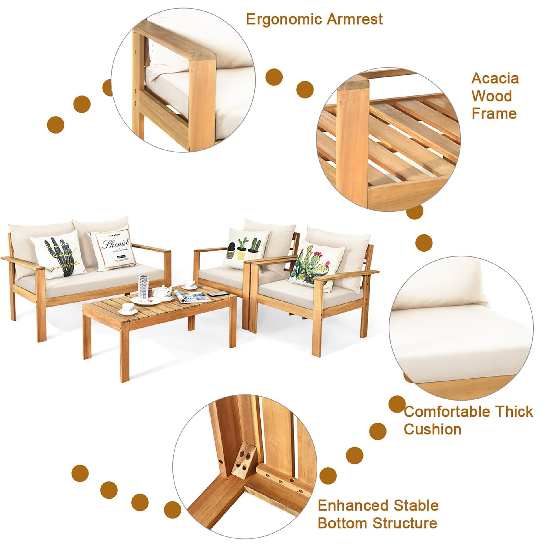 Outdoor 4 Piece Acacia Wood Chat Set Conversation Sofa and Table Set