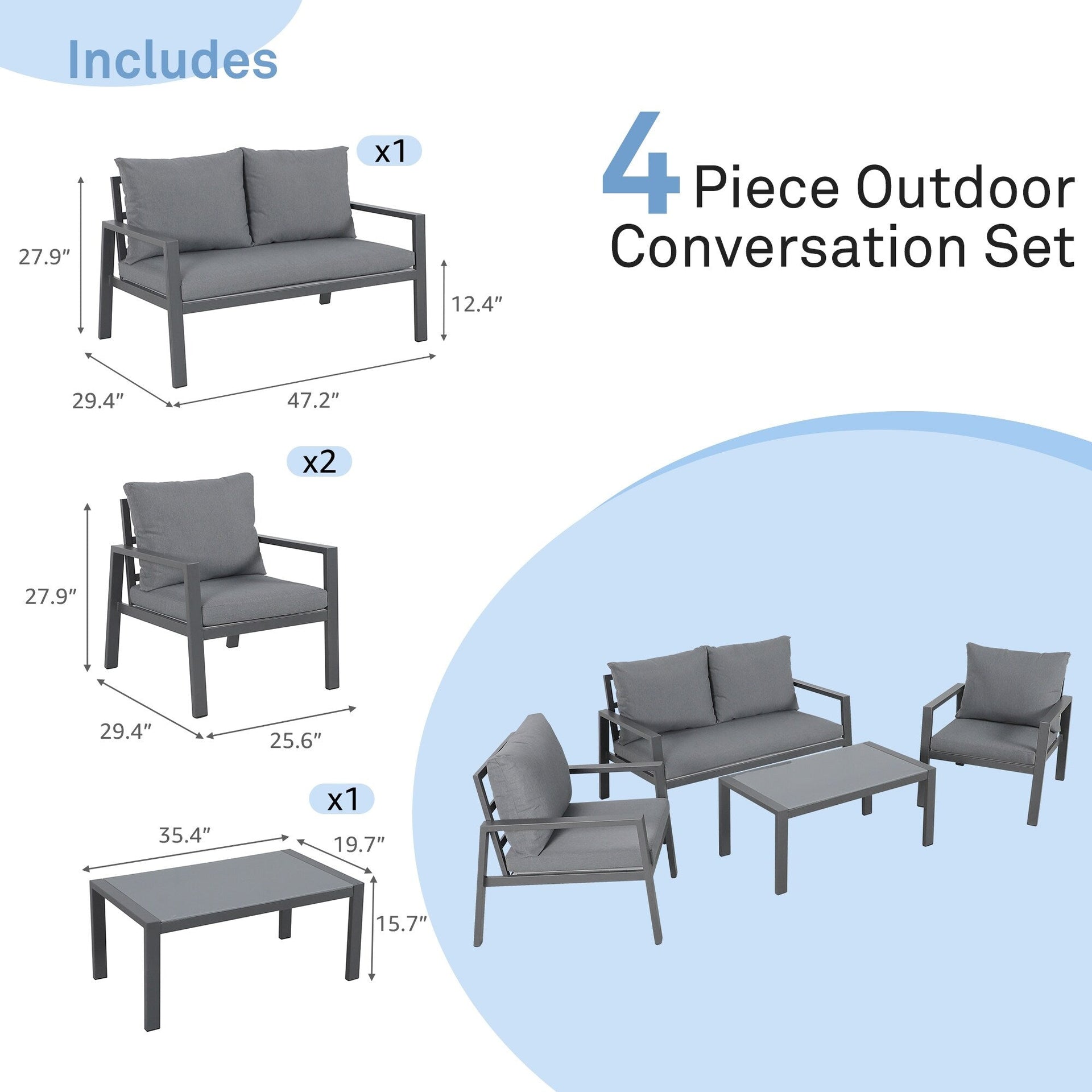 Outdoor 4-piece Cushioned Aluminum Conversation Set