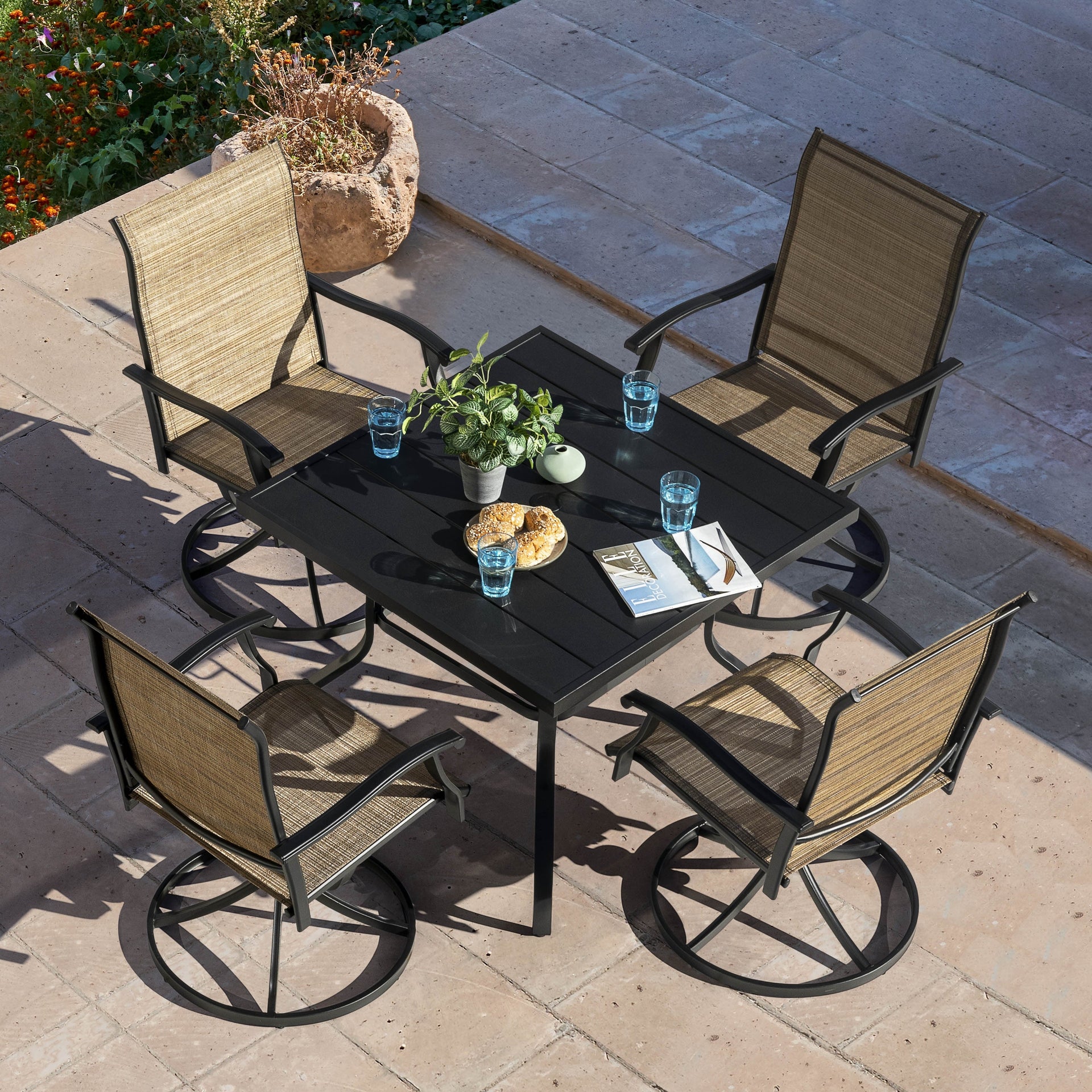 Outdoor 5-Piece Dining Set, Textilene Fabric, Powder-coated Iron Frame