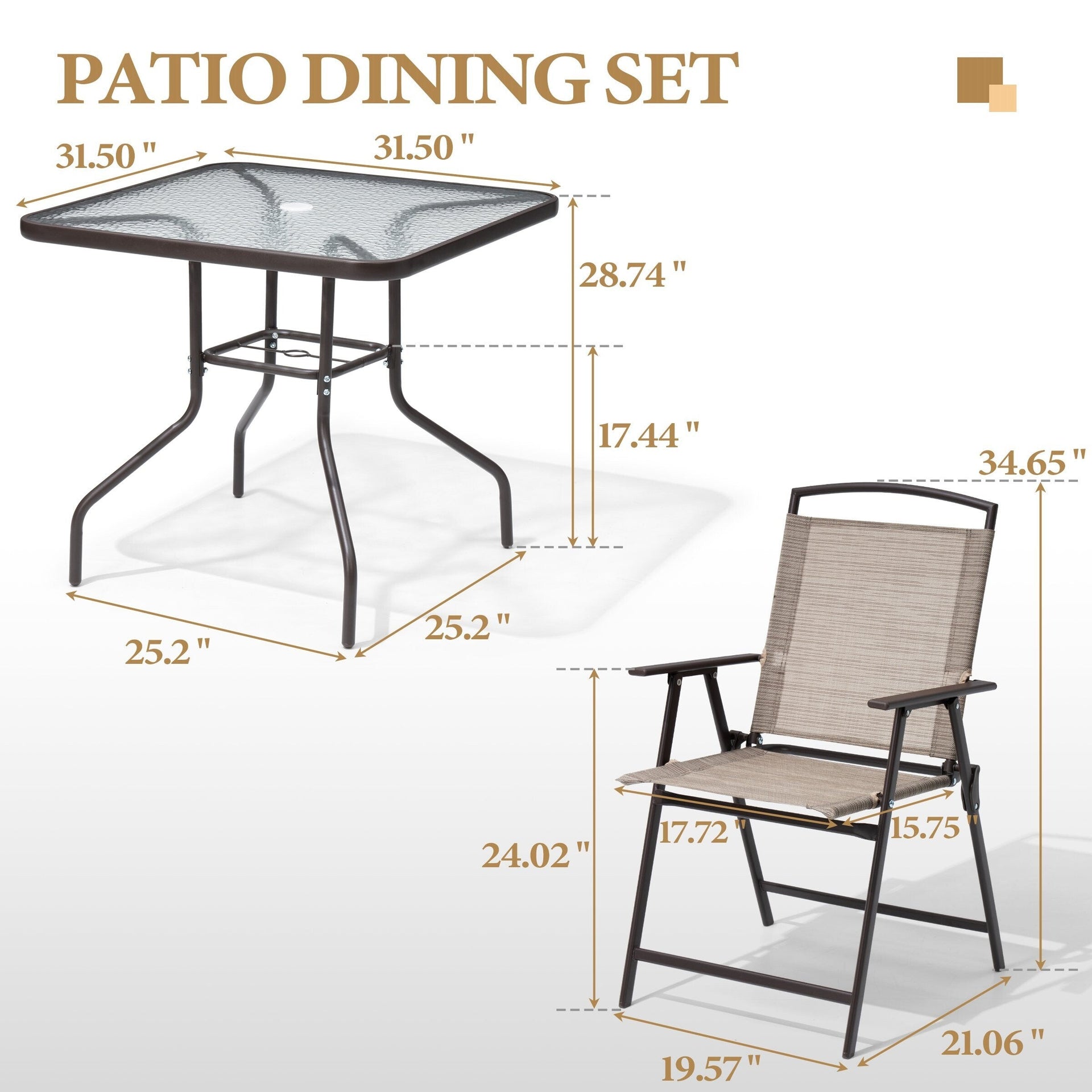 Outdoor 5-piece Patio Dining Set Folding Chairs and Glass Table with Umbrella Hole - See the specifications