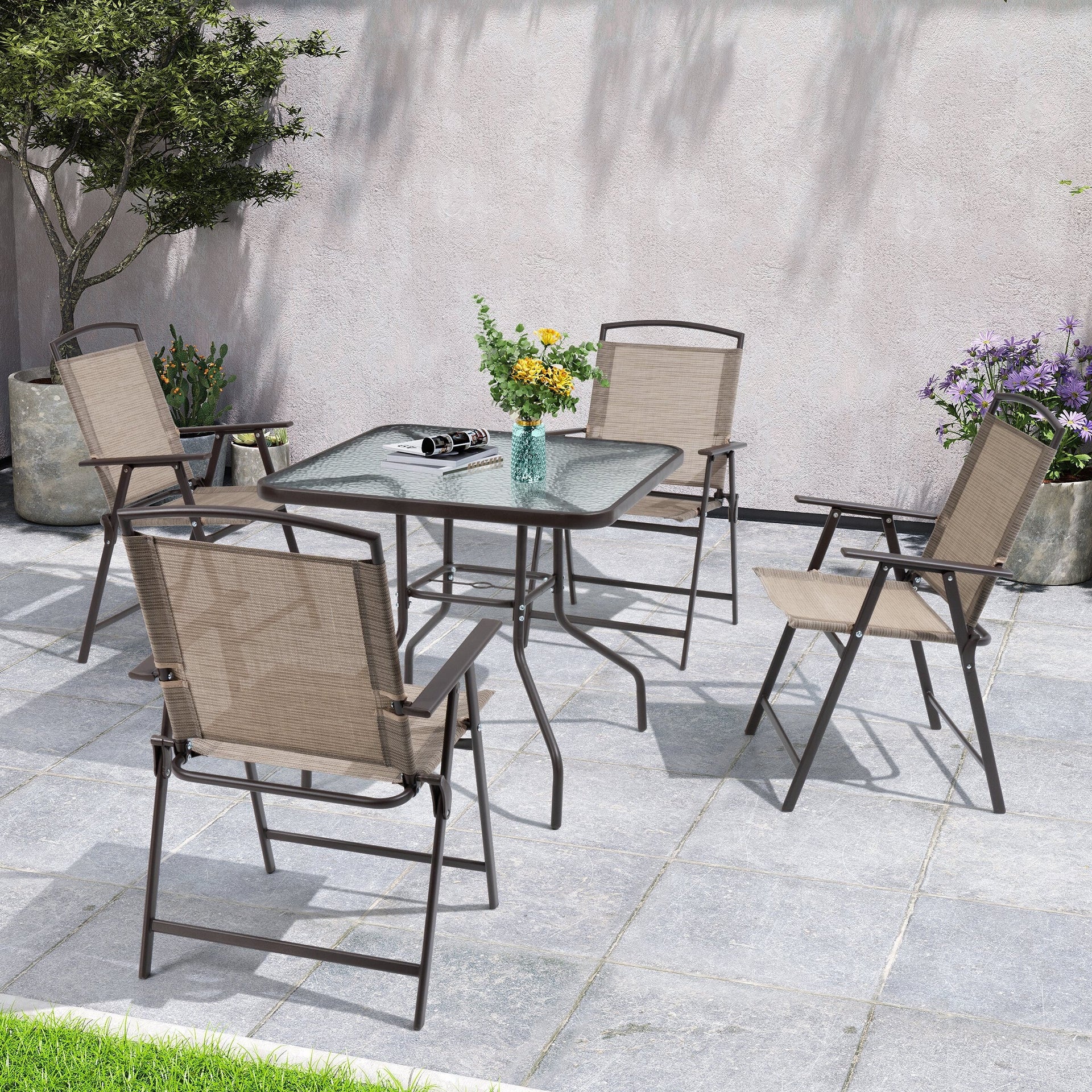 Outdoor 5-piece Patio Dining Set Folding Chairs and Glass Table with Umbrella Hole - See the specifications