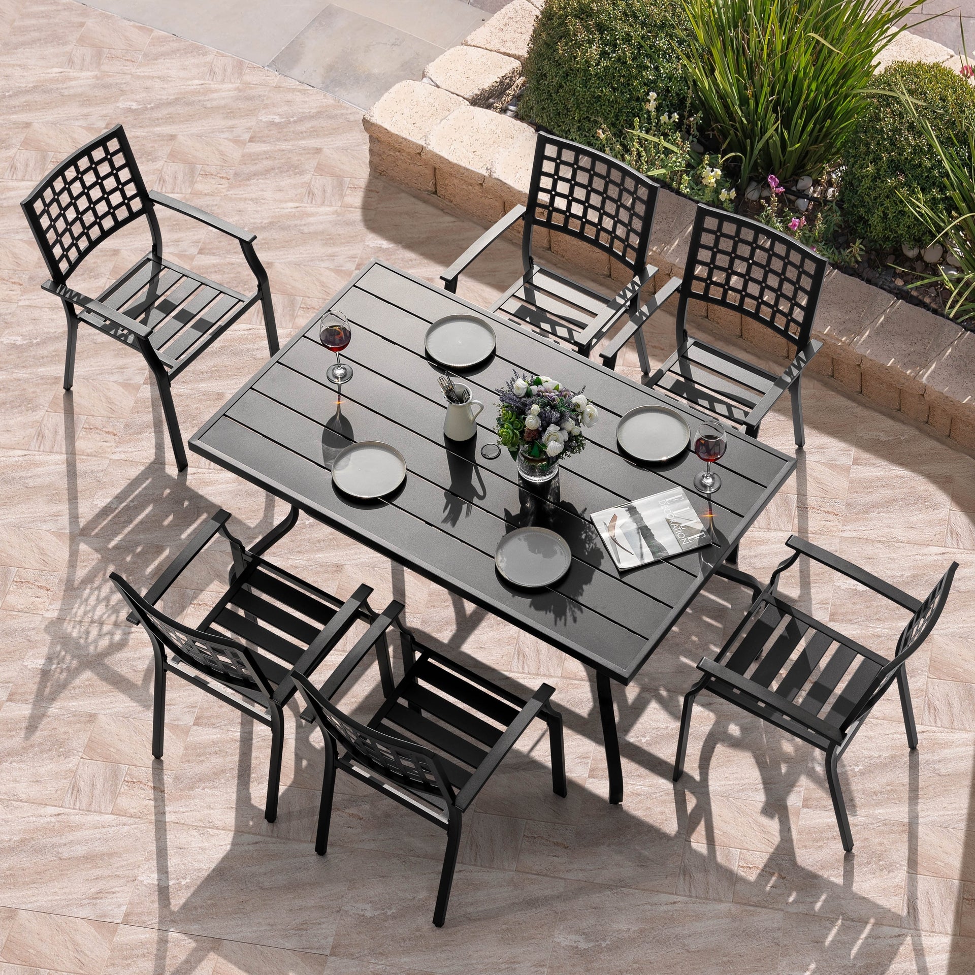 Outdoor 7-Piece Dining Set with 1.57 Inch Umbrella Hole, Iron Frame, Black