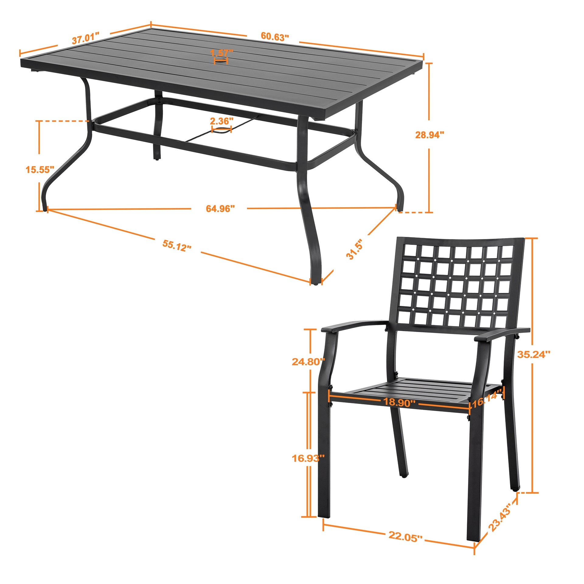 Outdoor 7-Piece Dining Set with 1.57 Inch Umbrella Hole, Iron Frame, Black
