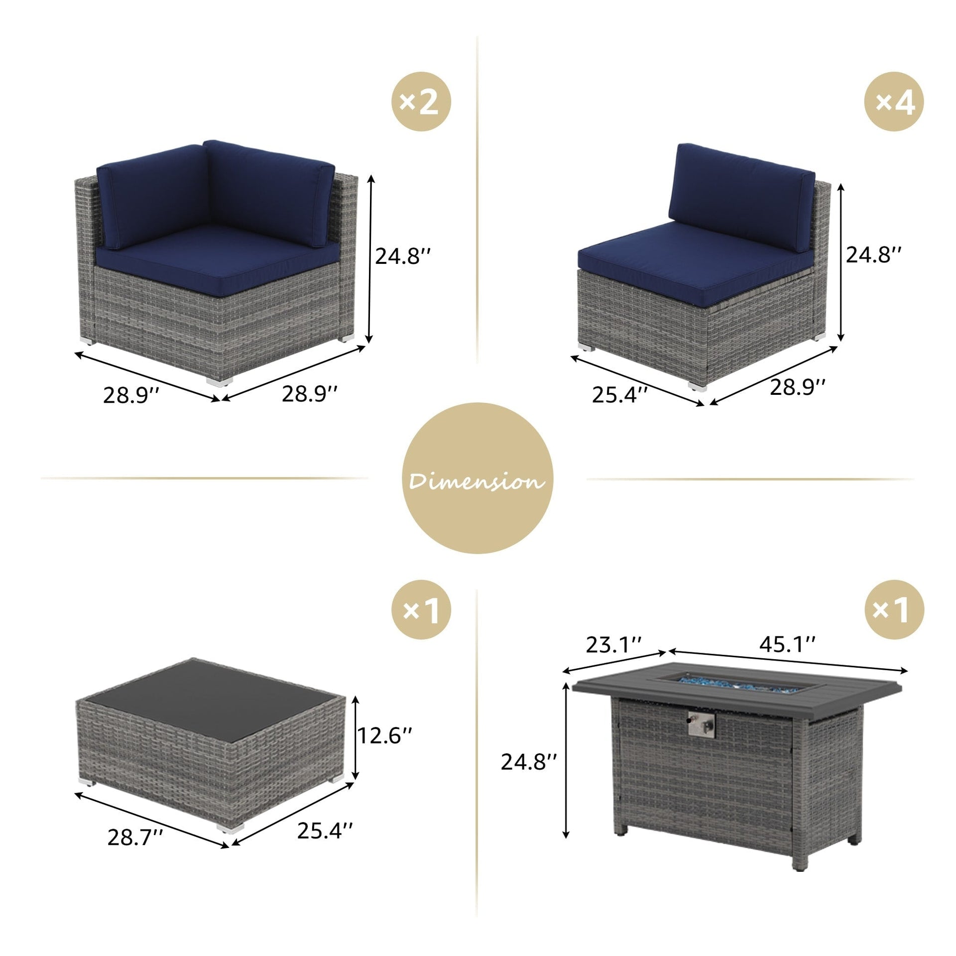 Outdoor 8 Pieces Sectional Wicker Sofa Set with Fire Pit