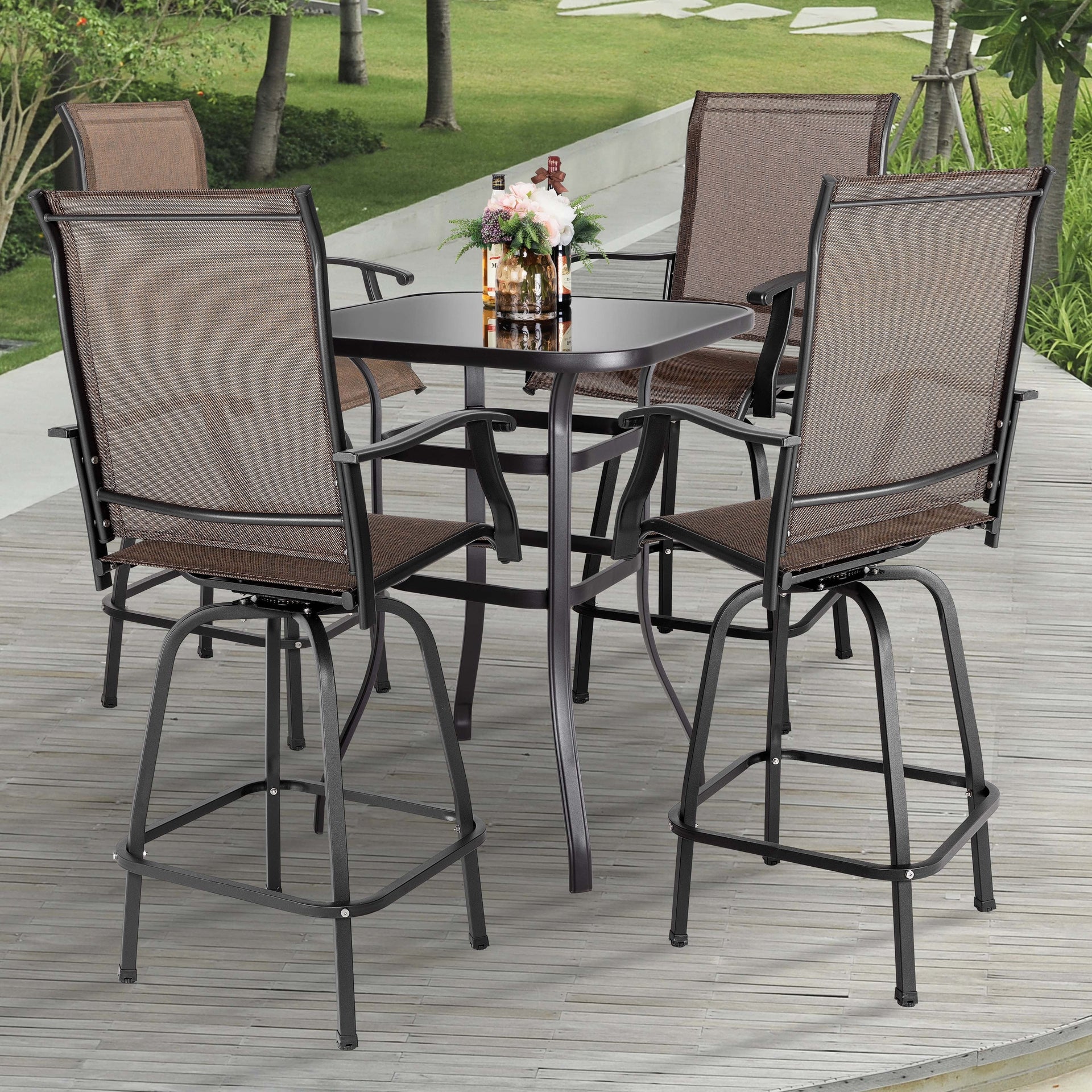 Outdoor Patio Swivel Bar Stool Set with Glass Table, All-Weather Textilene