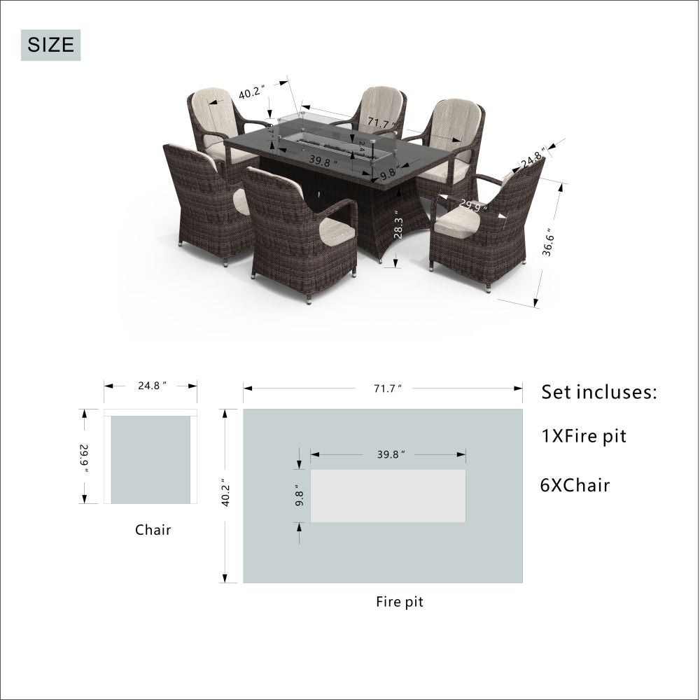 Outdoor Wicker Patio Rectangle Gas Fire Pit Table Set with 6 Chairs by Moda Furnishings (Including Rain Cover)