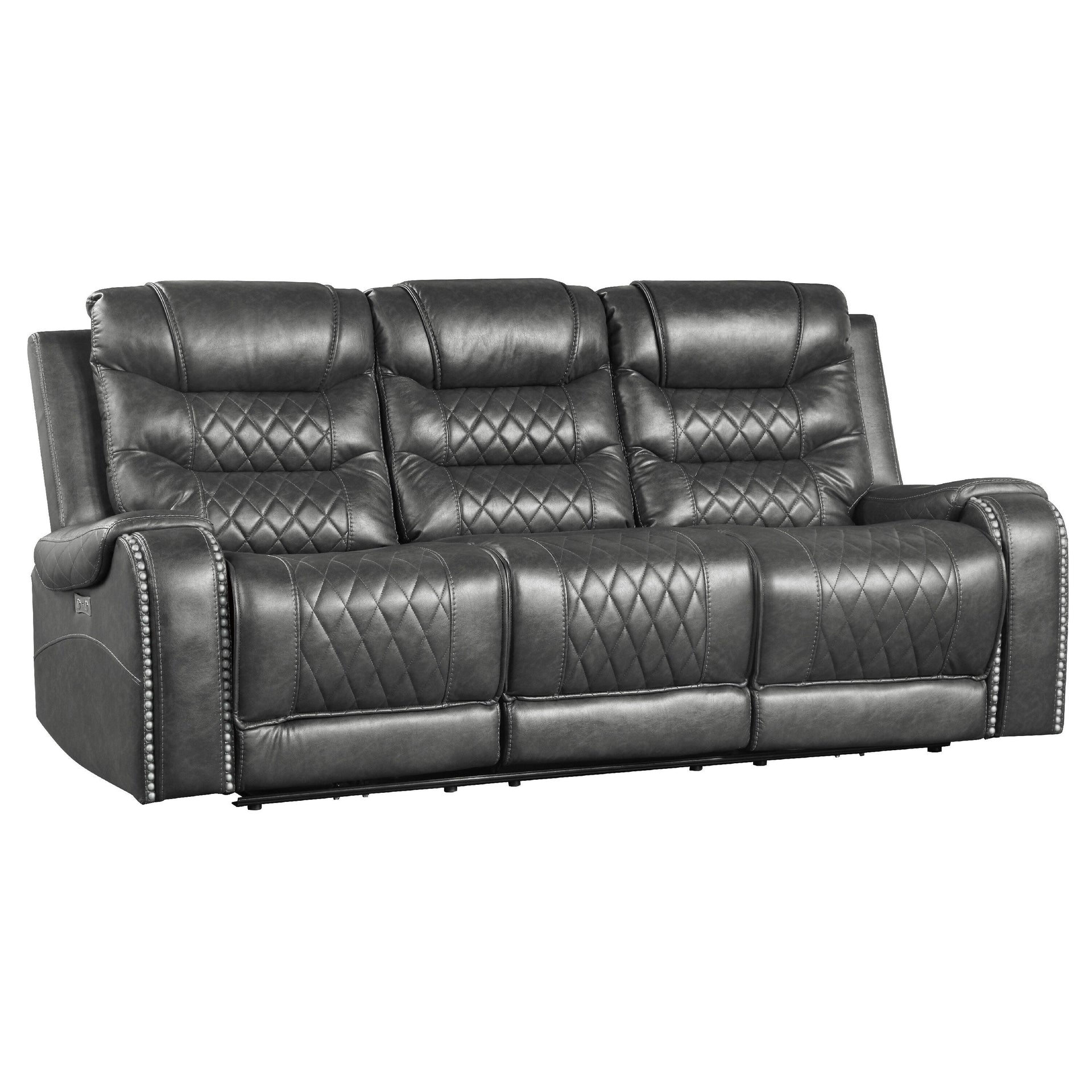 Paul Power Recliner Sofa, 87 Inch, Gray Faux Leather, Drop Down Table