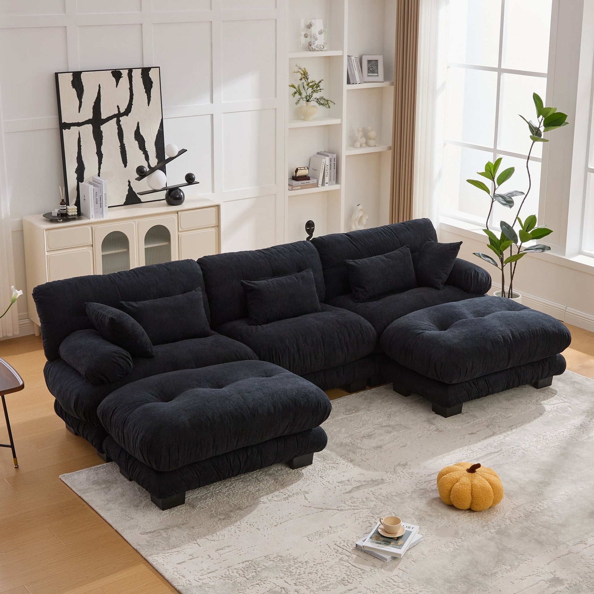 Pelletized velvet U Shape Cloud Couch with 2 Ottomans,Free Combined 3 Seater Comfy Sofa with Bolster Armrest Pillows