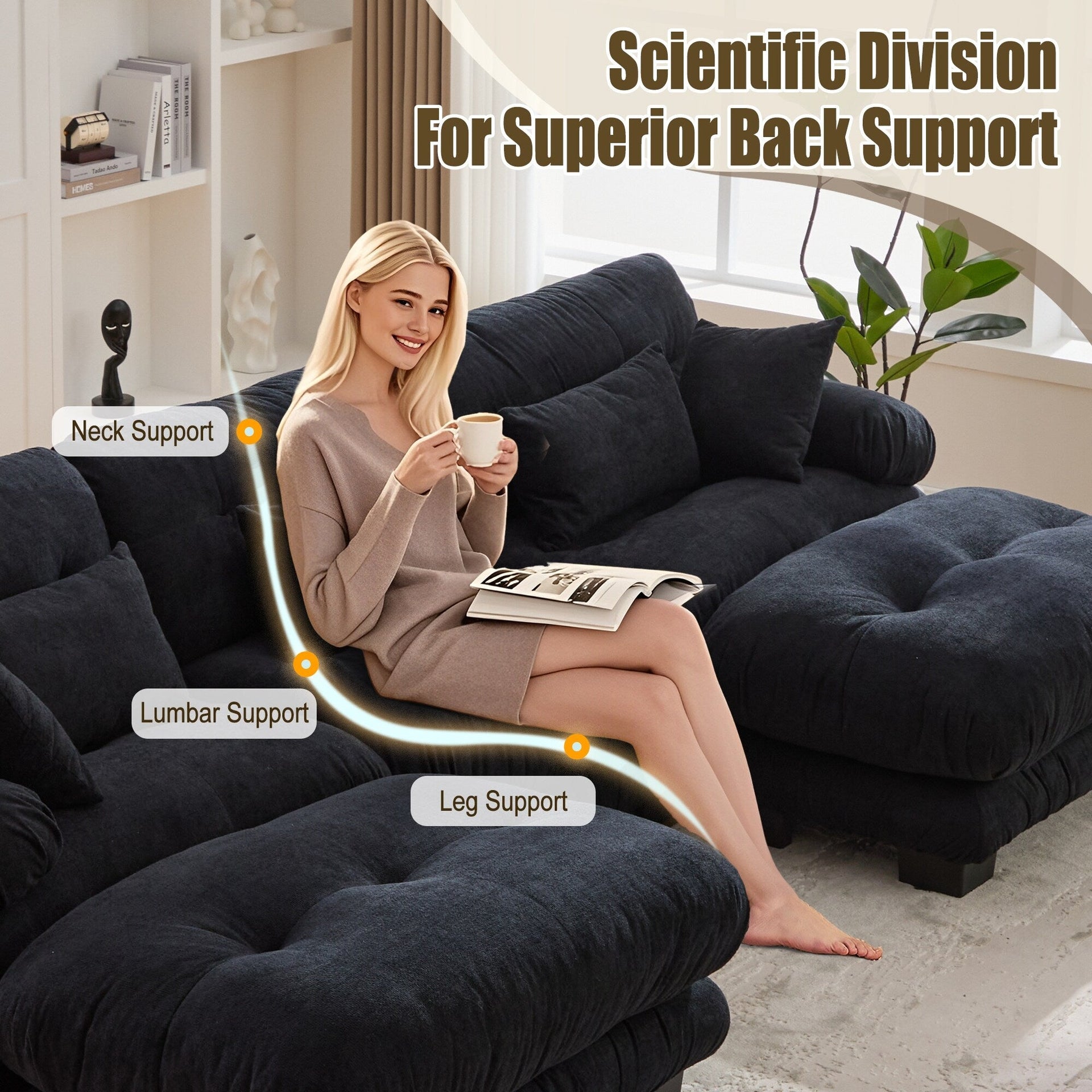 Pelletized velvet U Shape Cloud Couch with 2 Ottomans,Free Combined 3 Seater Comfy Sofa with Bolster Armrest Pillows