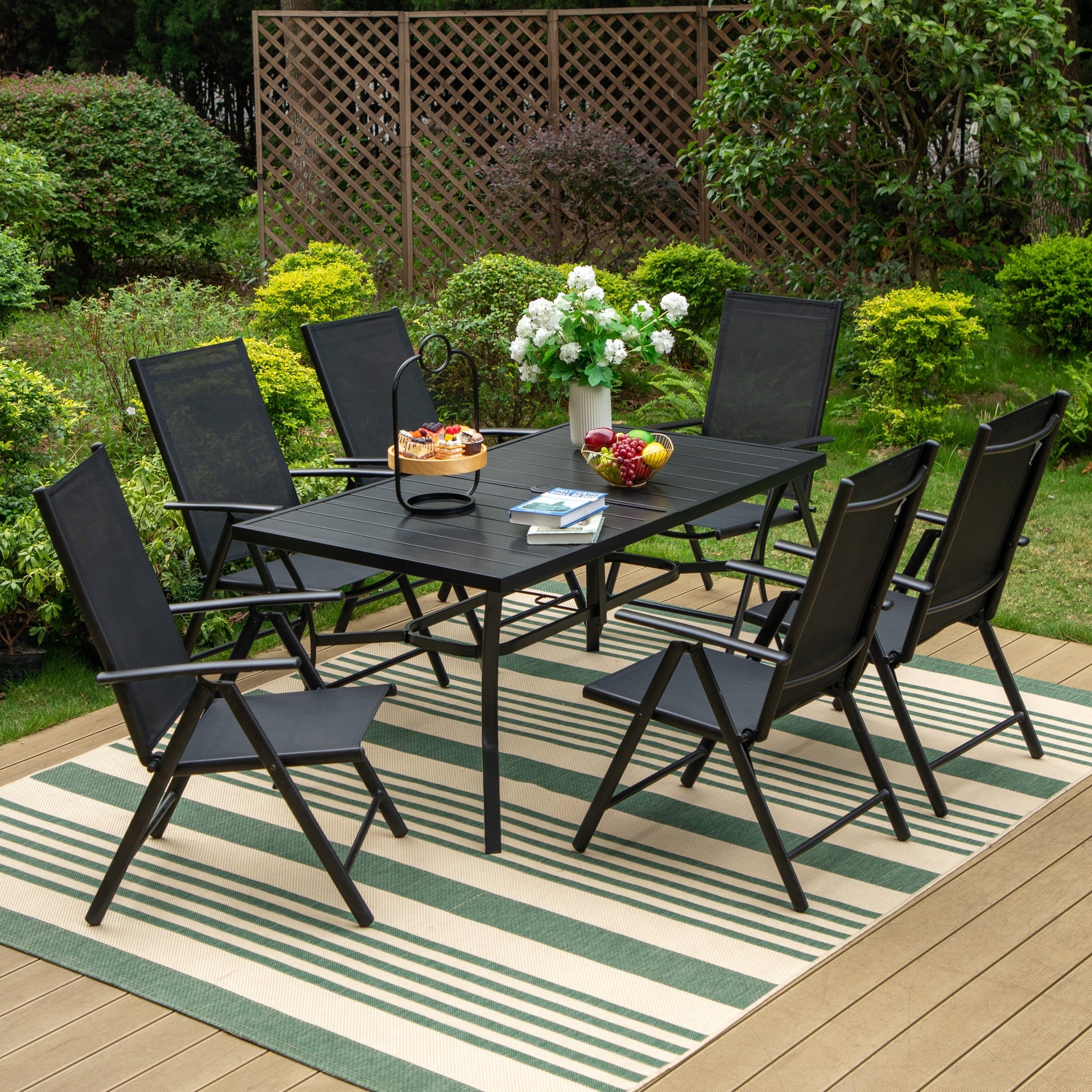 Outdoor 5/7-Piece Patio Dining Set, 7-positon Reclining Folding Sling Chair & E-Coating Metal Steel Table