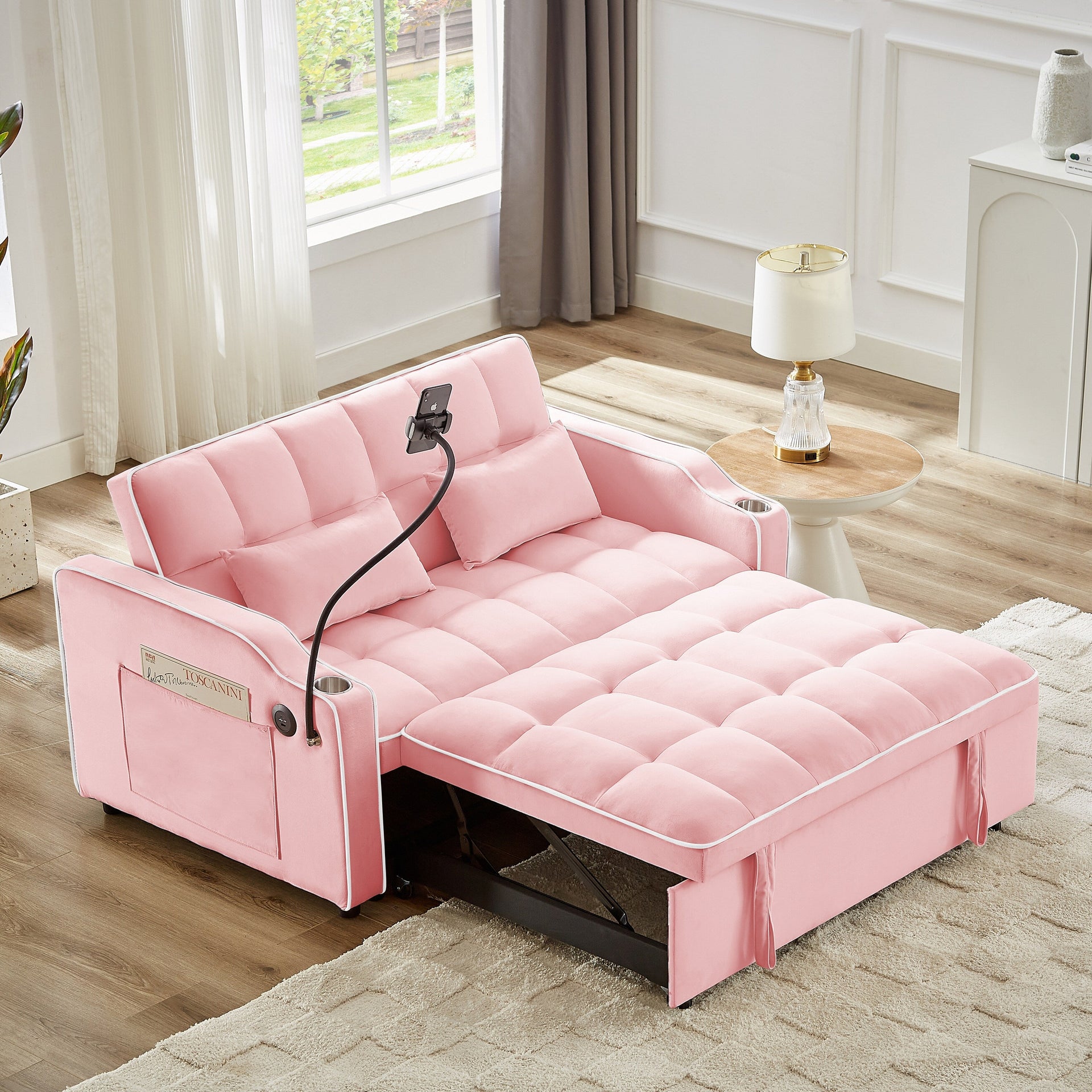 Pink 54.7 Velvet Convertible Loveseat Sofa with USB Ports and Phone Holder