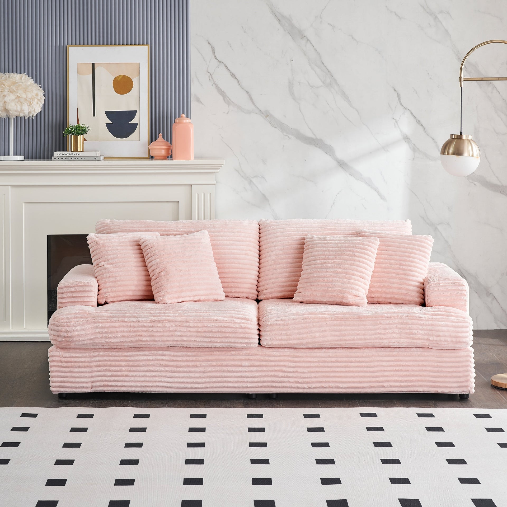 Pink 79.3 Corduroy 3-Seater Sofa with 4 Toss Pillows, Spring Cushion