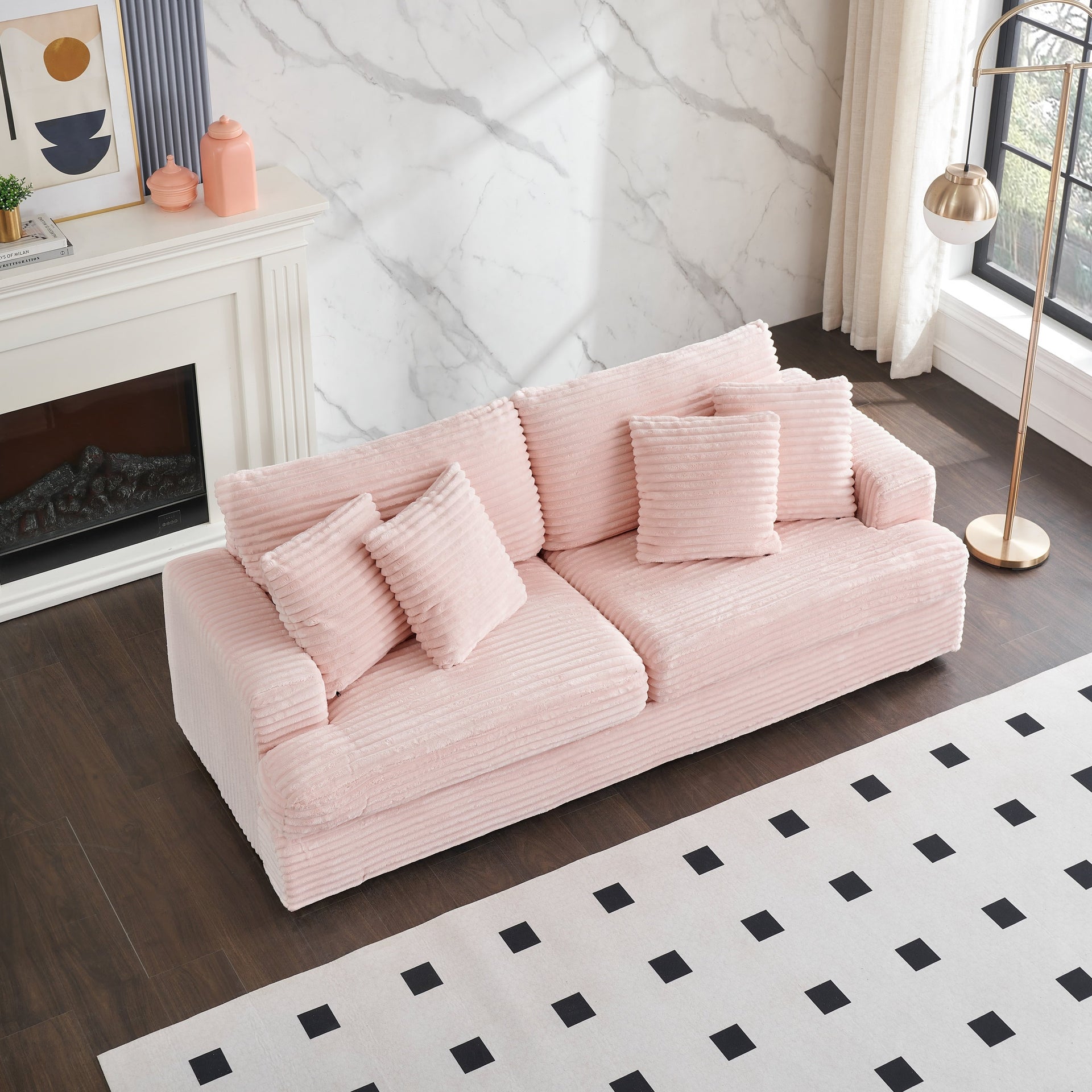 Pink 79.3 Corduroy 3-Seater Sofa with 4 Toss Pillows, Spring Cushion