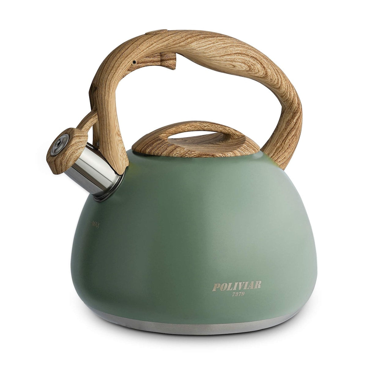 Poliviar Tea Kettle, 2.7 Quart Seaweed Green Finish with Wood Pattern Handle Loud Whistle Food Grade Stainless Steel Teapot