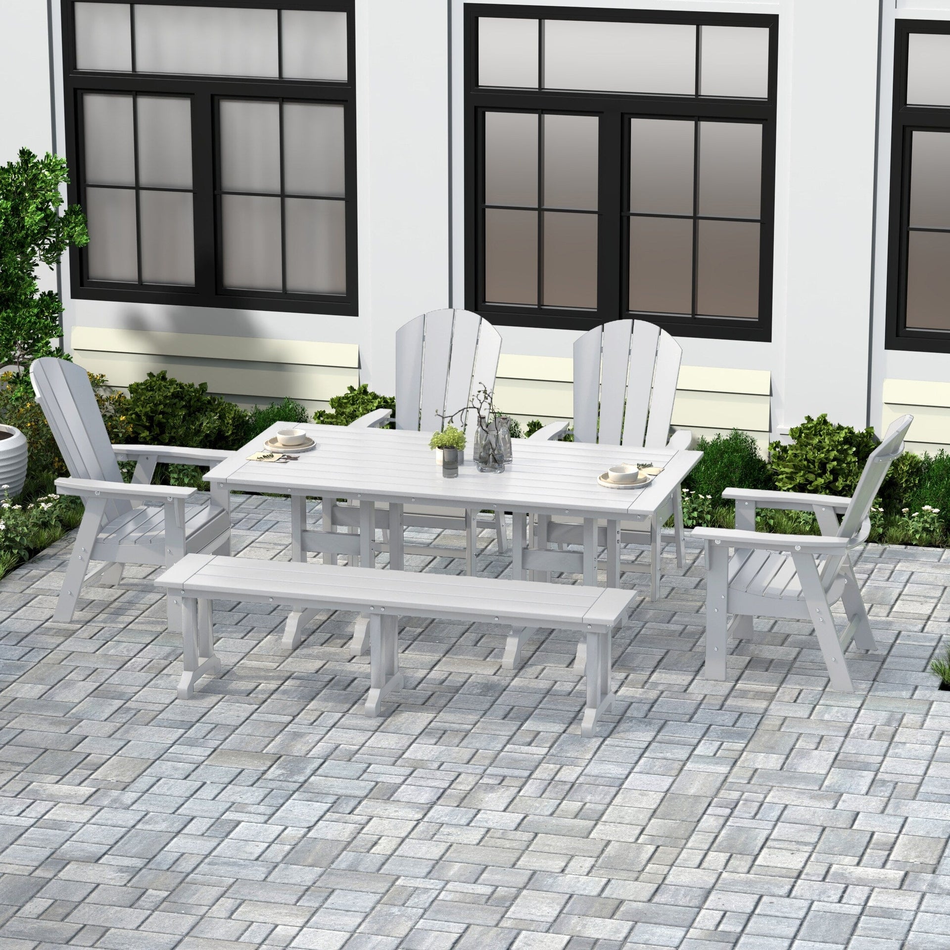 Polytrends Laguna Hdpe All Weather Outdoor Patio Dining Set with Rectangle Table, Arm Chairs, and Bench (6-Piece Set)